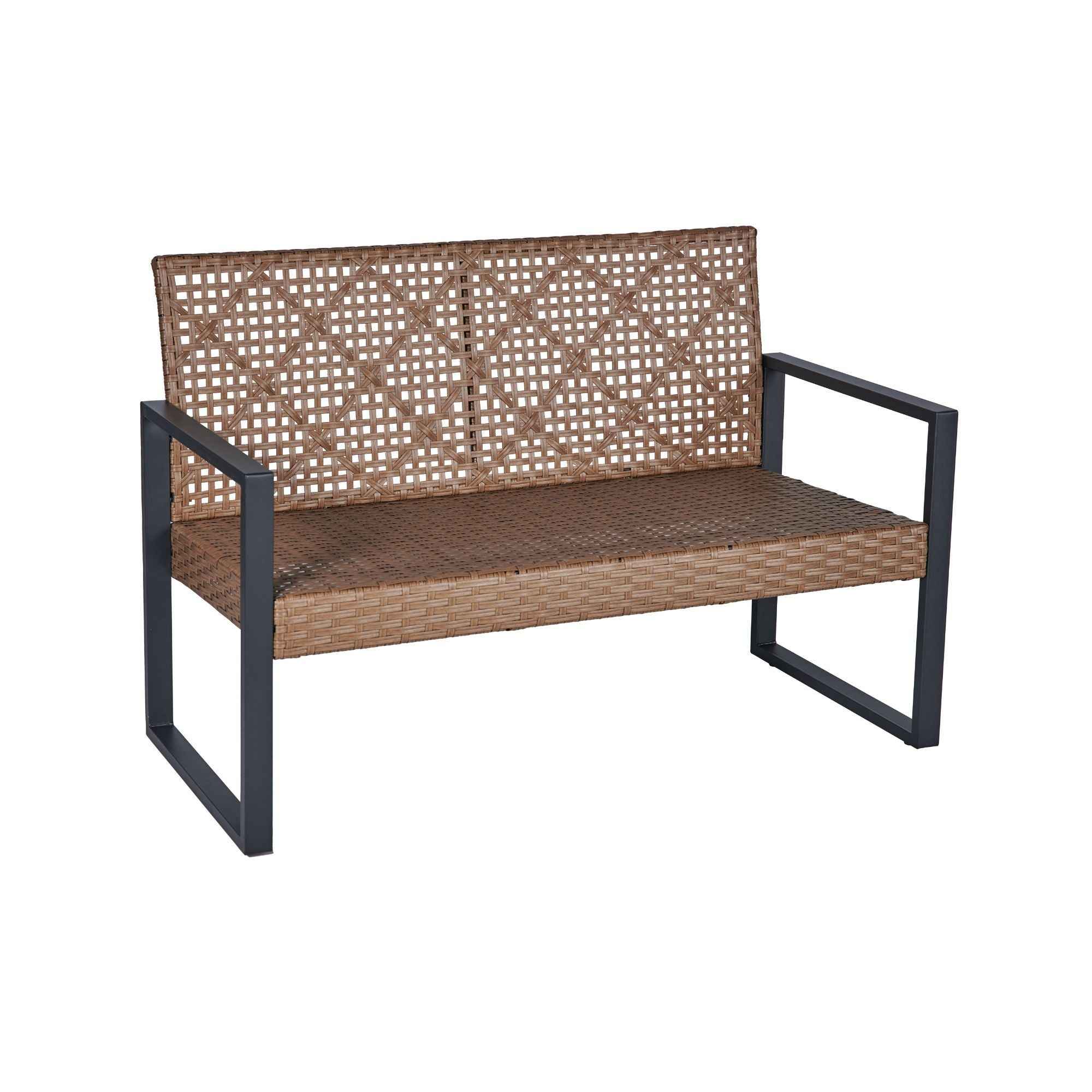 Modern Outdoor 4-Piece Patio Furniture Set with Acacia Wood Table Top, Black and Light Brown