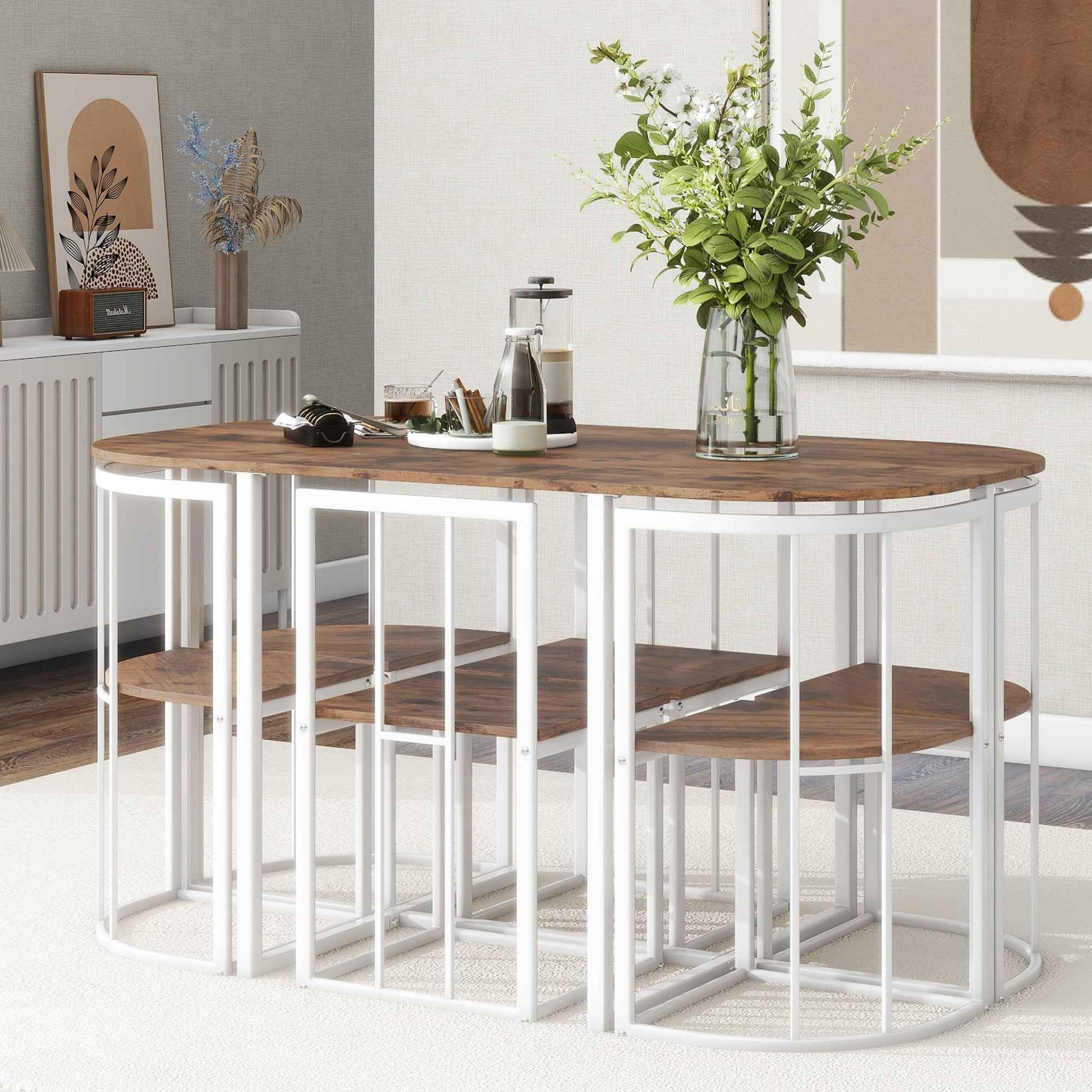 TOPMAX Modern 7-Piece Dining Table Set with Faux Marble Compact 55Inch Kitchen Table Set for 6, White+Cherry(OLD SKU:SP000017)