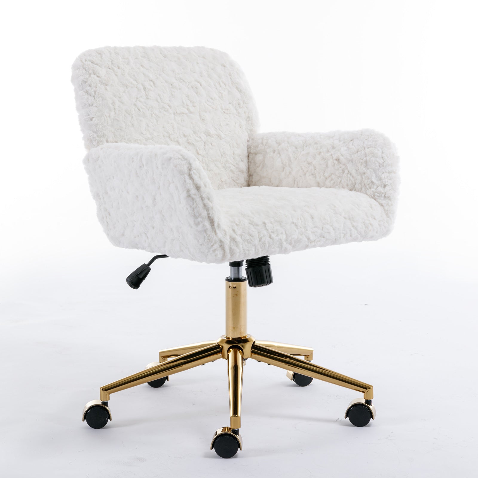 A&A Furniture Artificial Rabbit Hair Office Chair with Golden Metal Base, Adjustable Swivel Vanity Chair, Beige Velvet - Abrihome