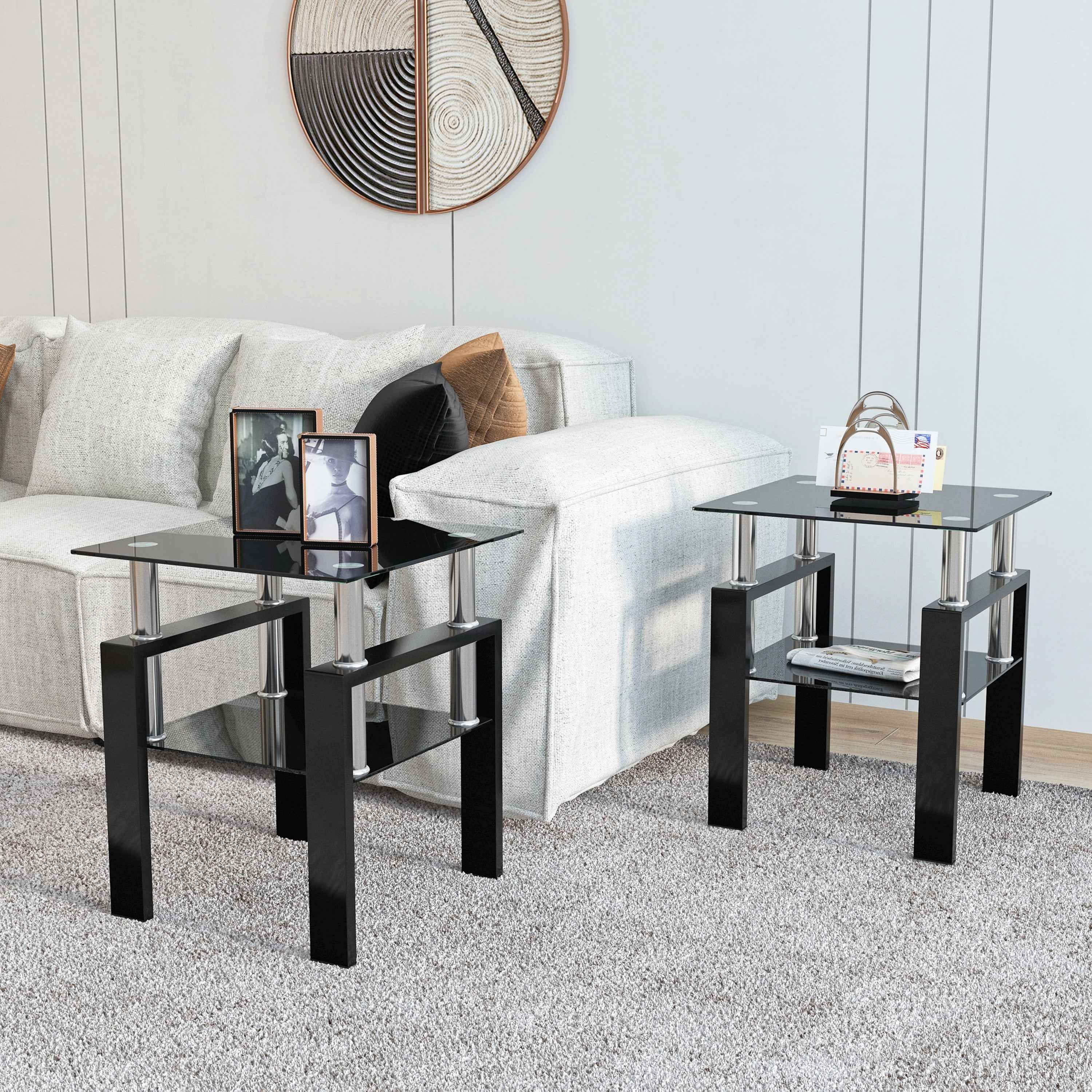 Modern Tempered Glass Tea Table Coffee Table End Table Set in Black with Metal Legs, 17.72 x 17.72 x 20.5 Inches
