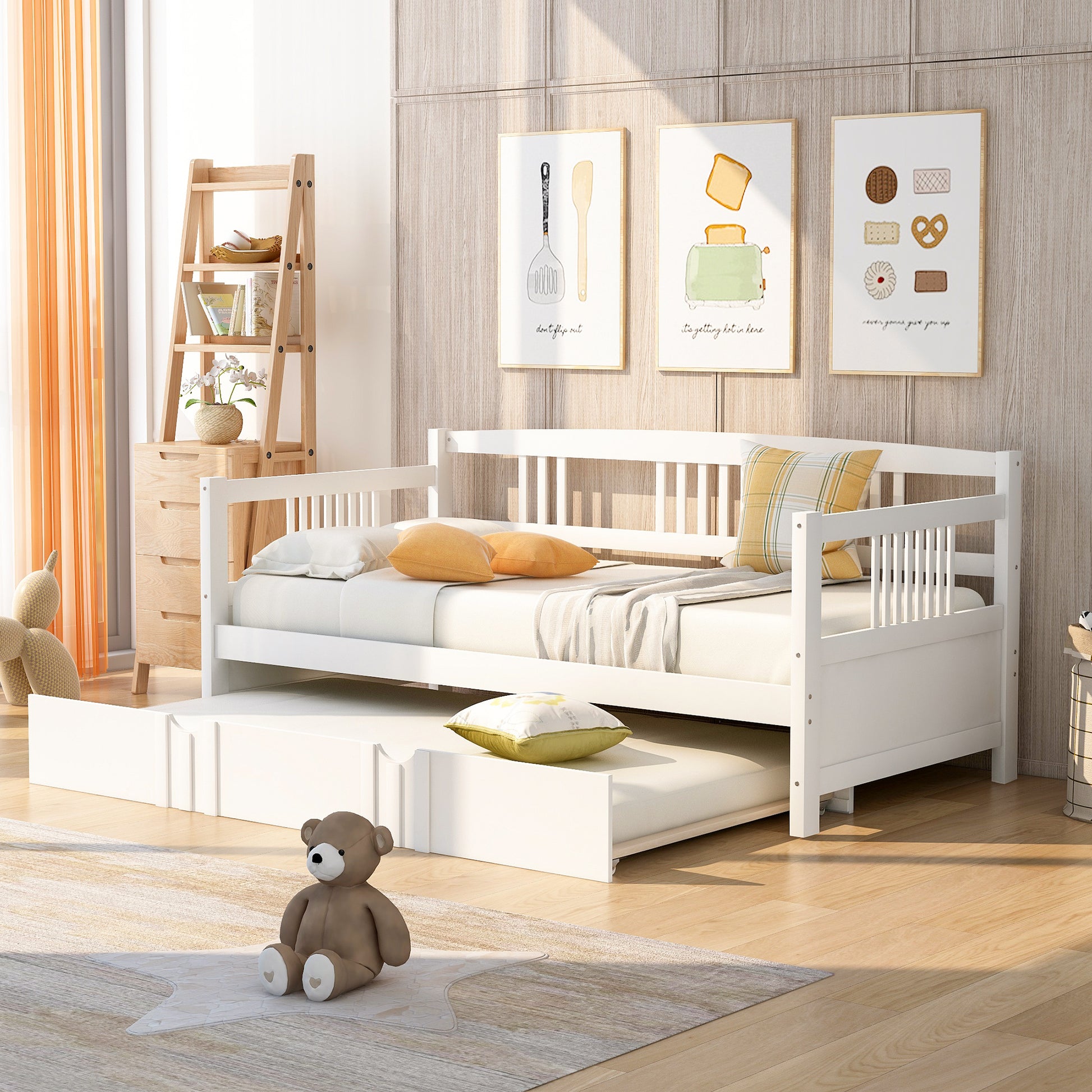 Twin Size Daybed Wood Bed with Twin Size Trundle,White - Abrihome