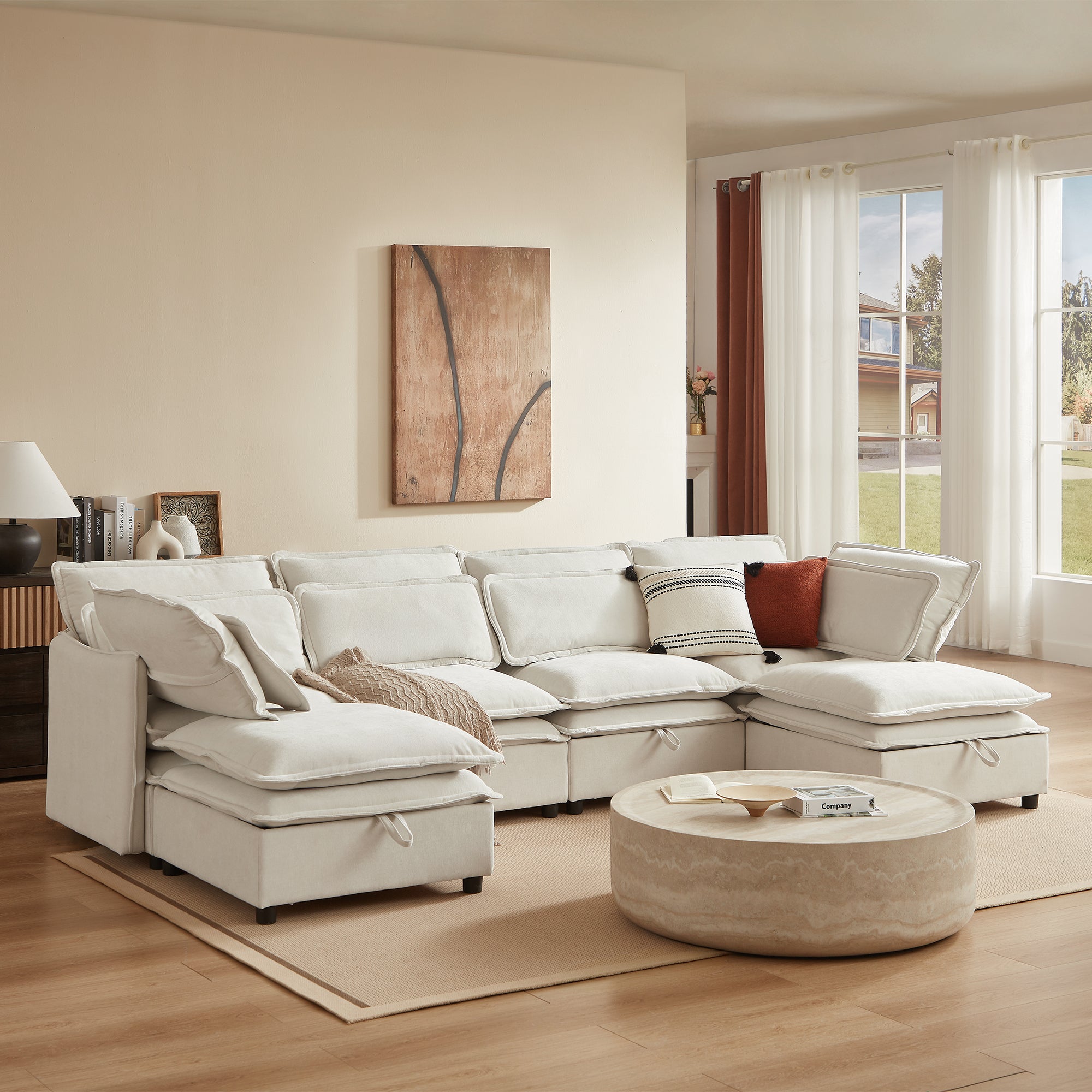 U_Style Double-Layer Cushion Modern Large U-Shaped Modular Sofa, Freely Combinable 6-Seater with Storage Function, Convertible to Sofa Bed, Perfect for Living Rooms, Offices, and Apartments - Abrihome