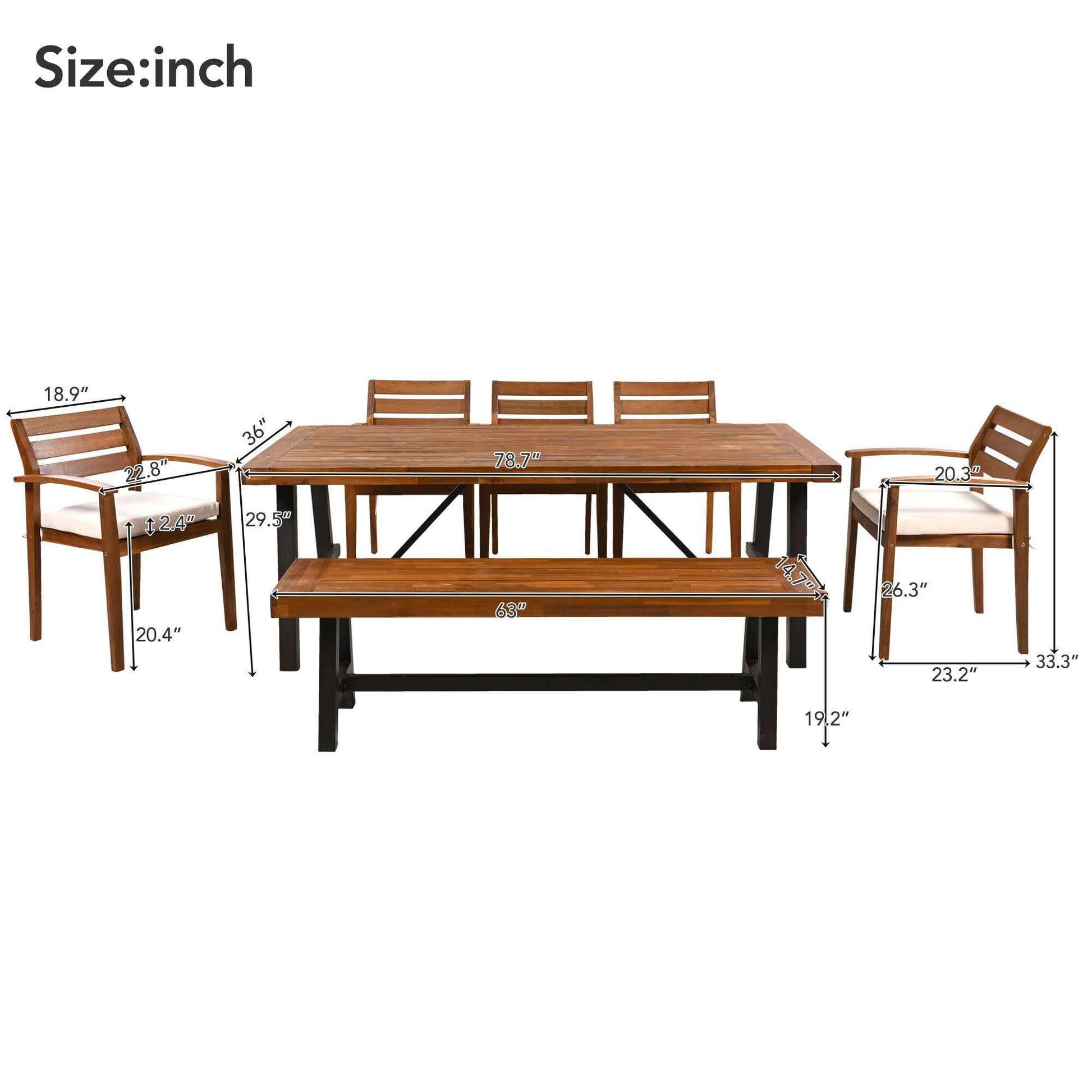 GO Outdoor Wood Dining Set For 7-8 Person, Outdoor Dining Furniture With Removable Cushions, Ergonomic Chairs And Bench, Thicker Table, Nature