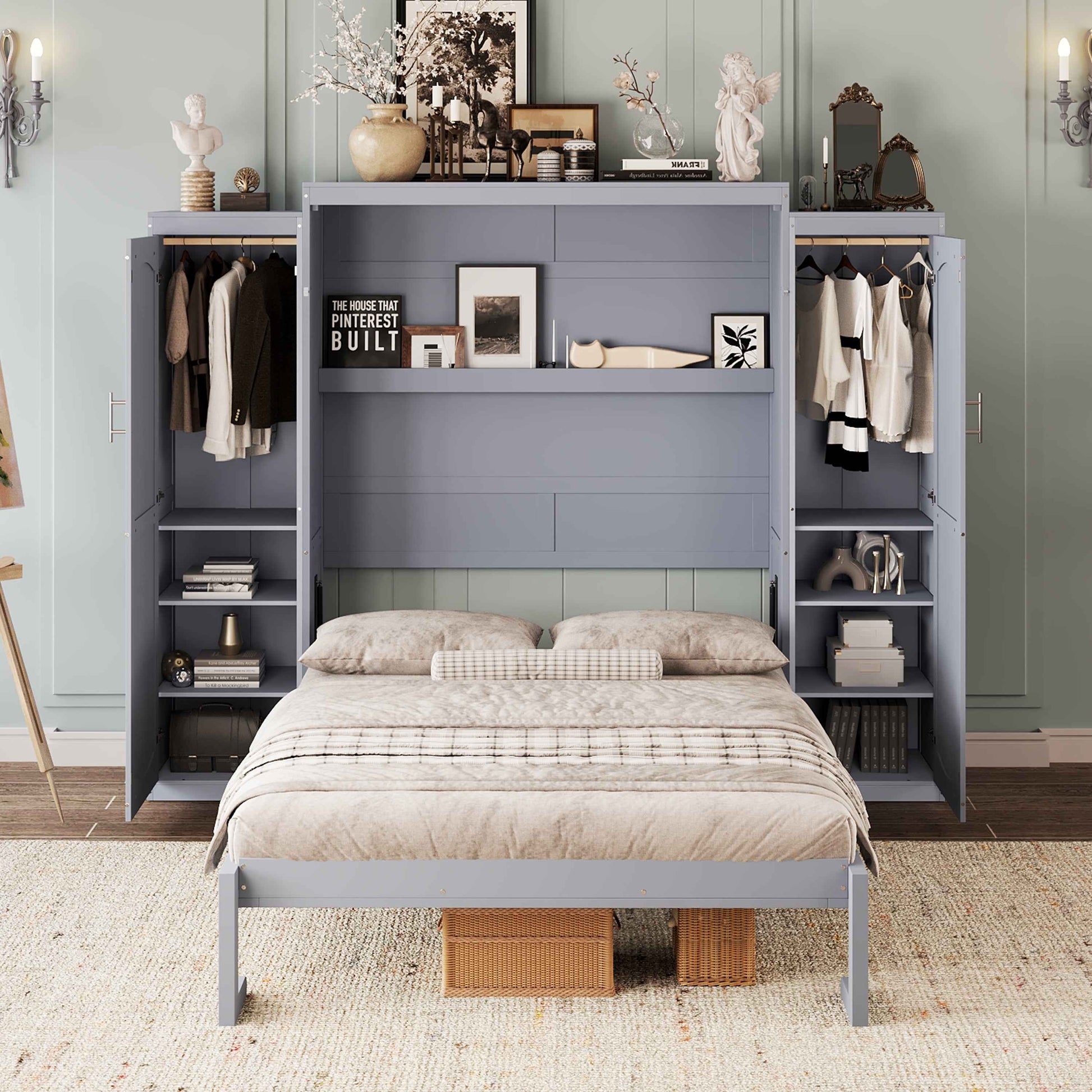 Full Size Murphy Bed, Wooden Full Wall Bed with 2 Wardrobe and Storage Shelf, Multifunctional Foldable Platform Bedframe for Guest-Room, Bedroom, Gray
