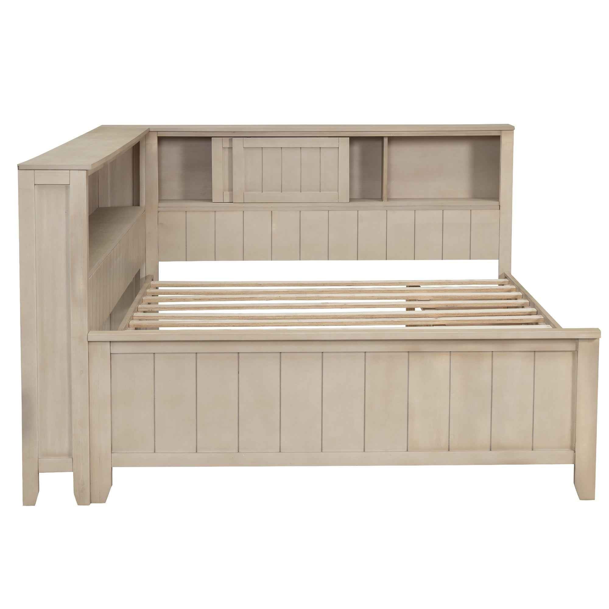 Full Size Wood Daybed with Storage Shelves and 3 Drawers in Antique White Milk Finish, Solid Pine Wood+MDF