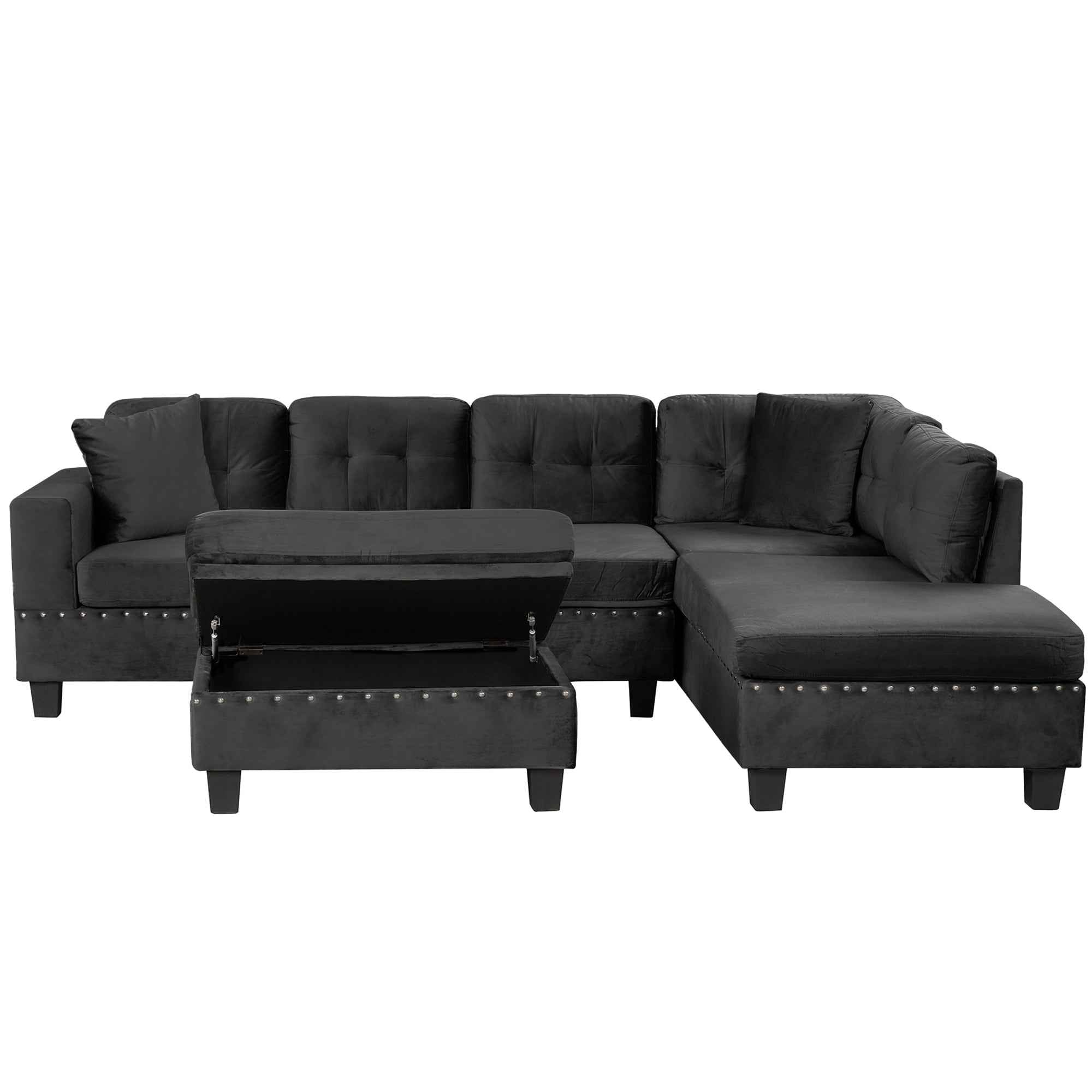 Modern Sectional Sofa with Storage Ottoman, L-Shape Couch with 2 Pillows and Cup Holders, Black Velvet, 105'