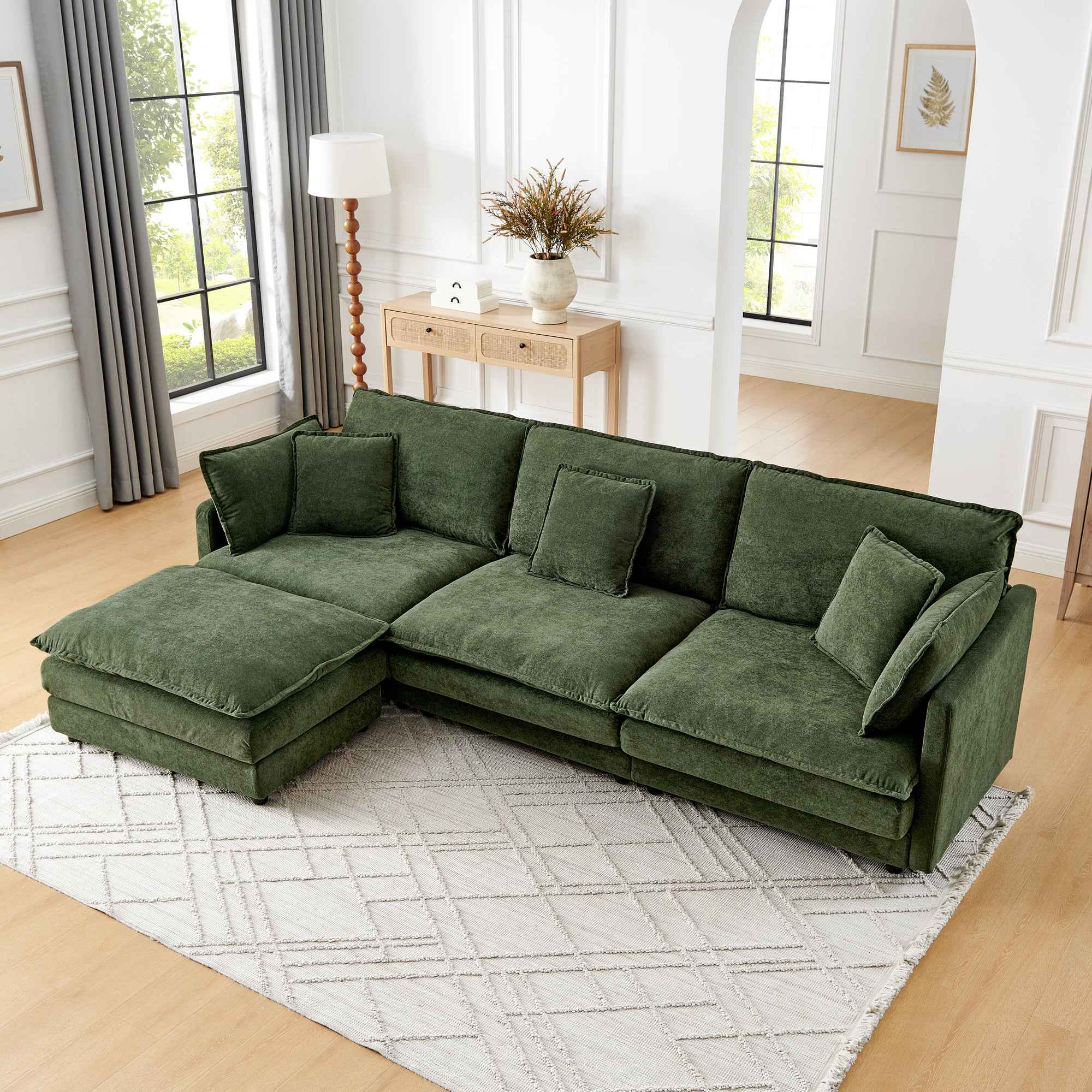 Modern Home Living Room L-Shaped Sectional Sofa Couches with Ottoman, Convertible Oversized 4 Seater Couch Towel Fabric, Green