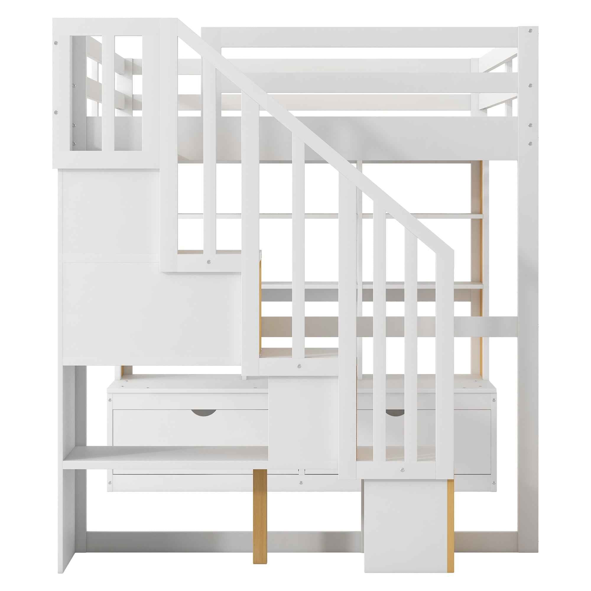 Full Size Loft Bed with Desk and Shelves, Two Built-in Drawers, Storage Staircase in White and Natural Finish, Solid Pine Wood and MDF Construction