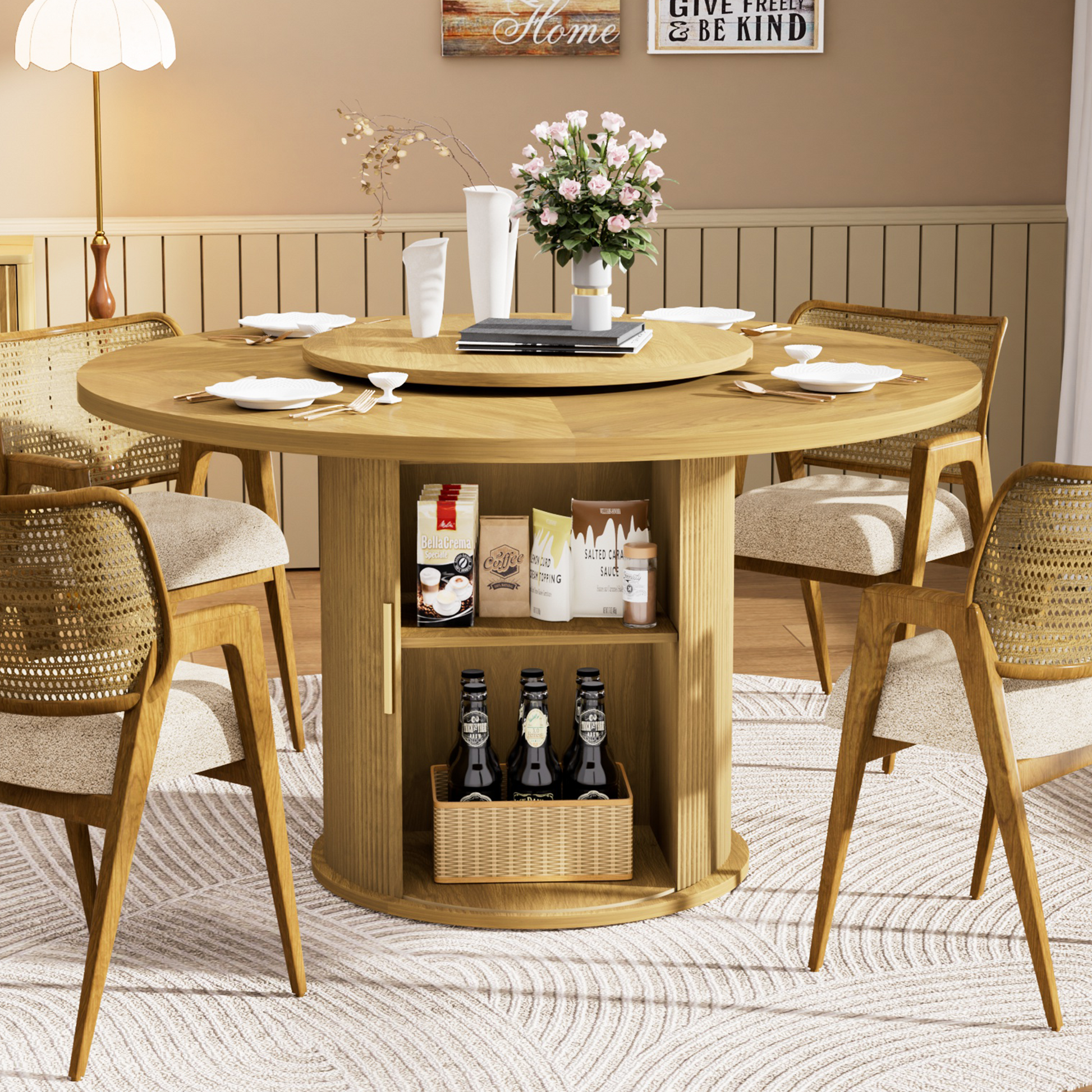 55-inch round dining table for six, featuring a double-tiered storage rack and a rotating tabletop tray. Wooden wavy-striped sliding doors. Ideal for home dining room living room (Natural).