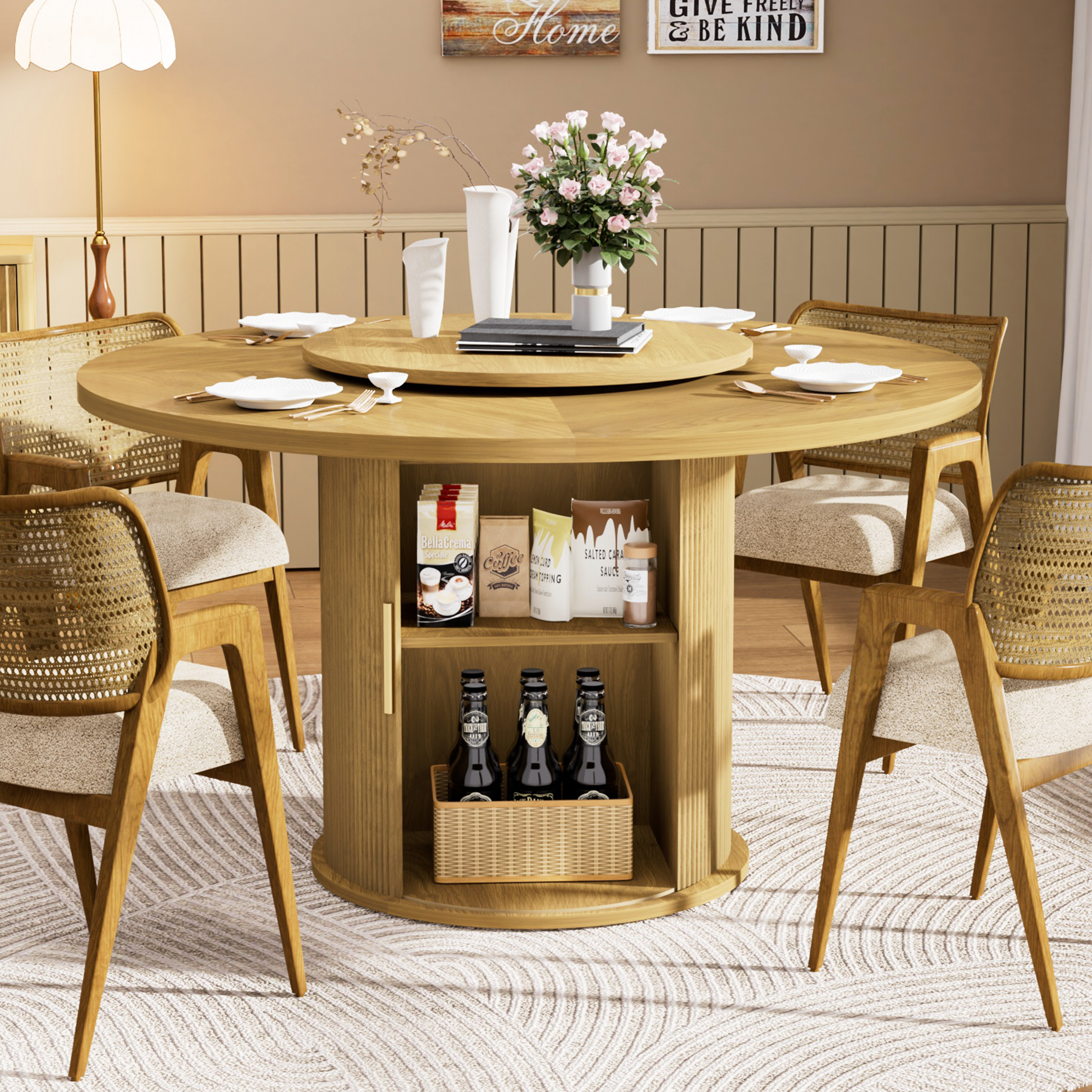 55-inch round dining table for six, featuring a double-tiered storage rack and a rotating tabletop tray. Wooden wavy-striped sliding doors. Ideal for home dining room living room (Natural).