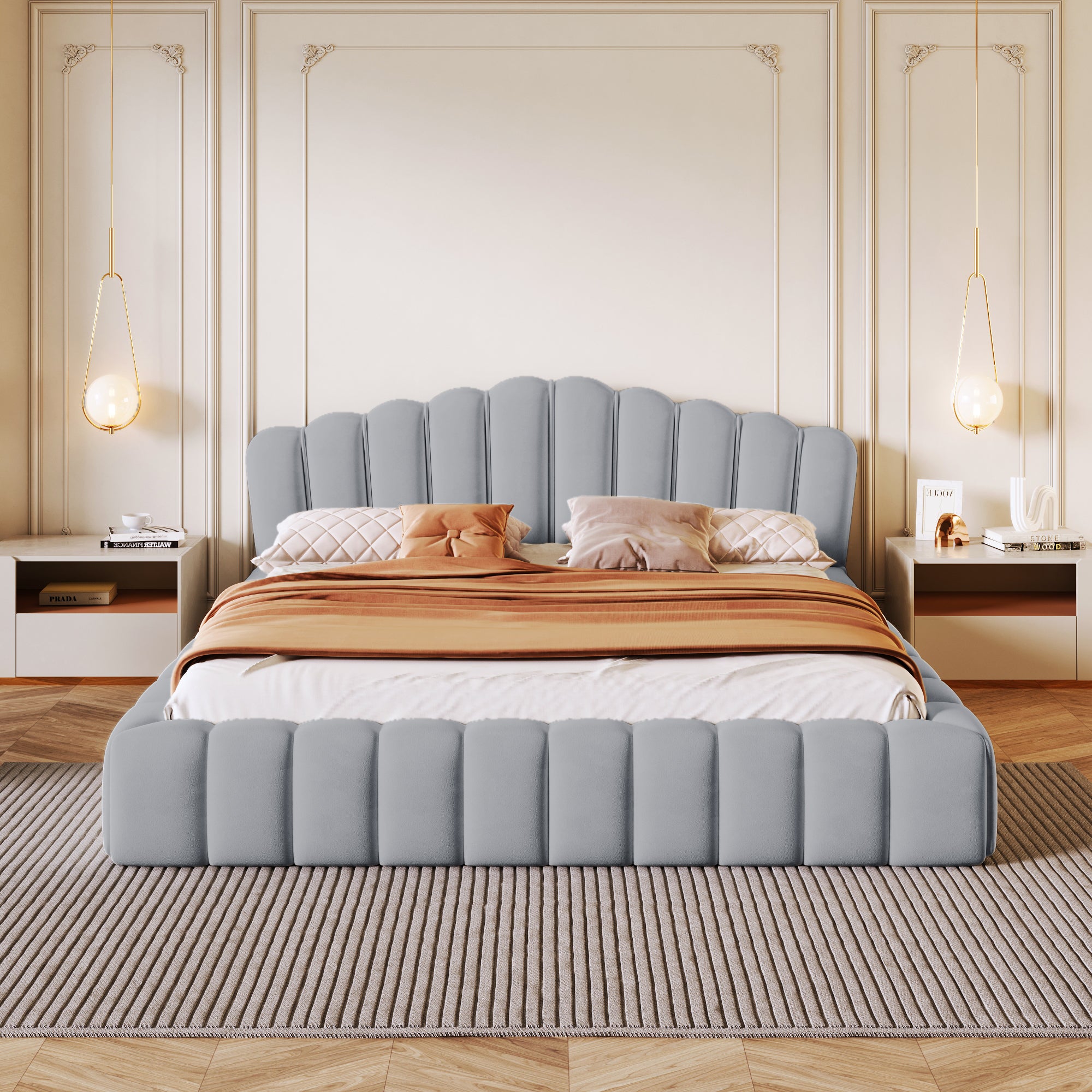 Velvet Upholstered Queen Bed Floor Bed Frame Shell-Shaped Headboard for Bedroom,No Box Spring Needed,Light Blue