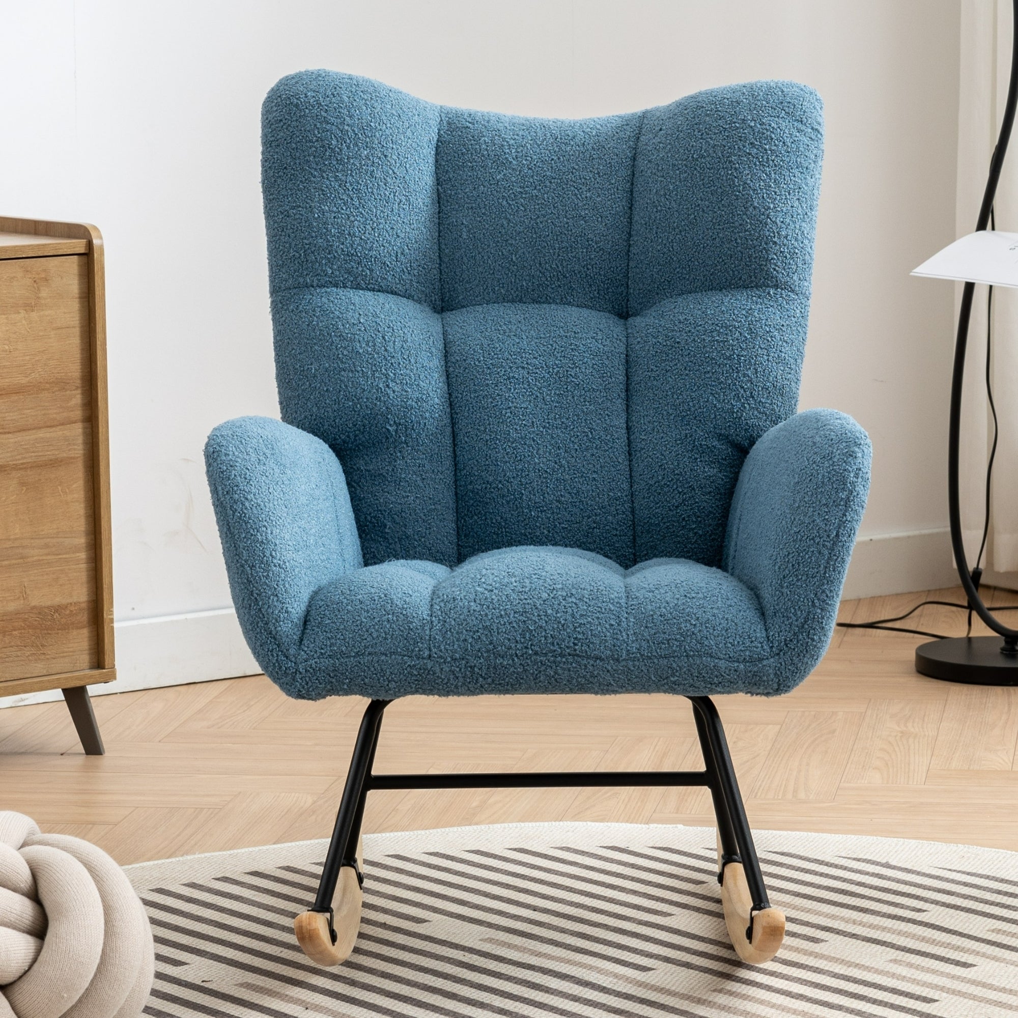 Rocking Chair with Pocket, Soft Teddy Fabric Rocking Chair for Nursery, Comfy Wingback Glider Rocker with Safe Solid Wood Base for Living Room Bedroom Balcony (blue)