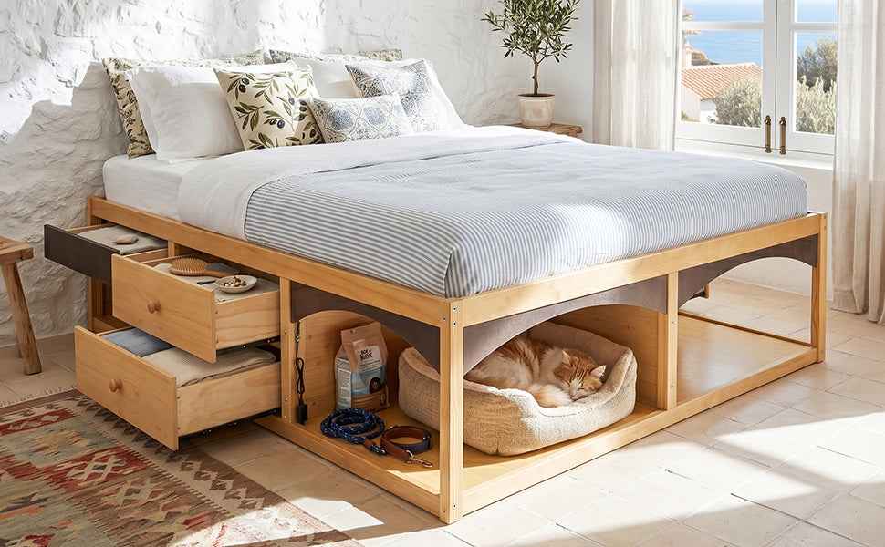 King Bed Frame with Storage Drawers, No Headboard Platform Bed, Pet-Friendly Design, No Box Spring Needed, Modern Minimalist Style-Natural