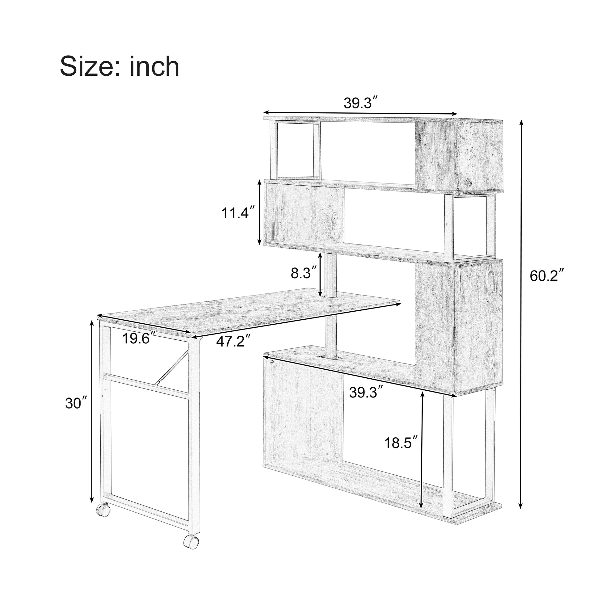 Home Office Computer Desk L-Shaped Corner Table, Rotating Computer Table with 5-Tier Bookshelf, Four Installation Methods, Lockable Casters (Black) - Abrihome