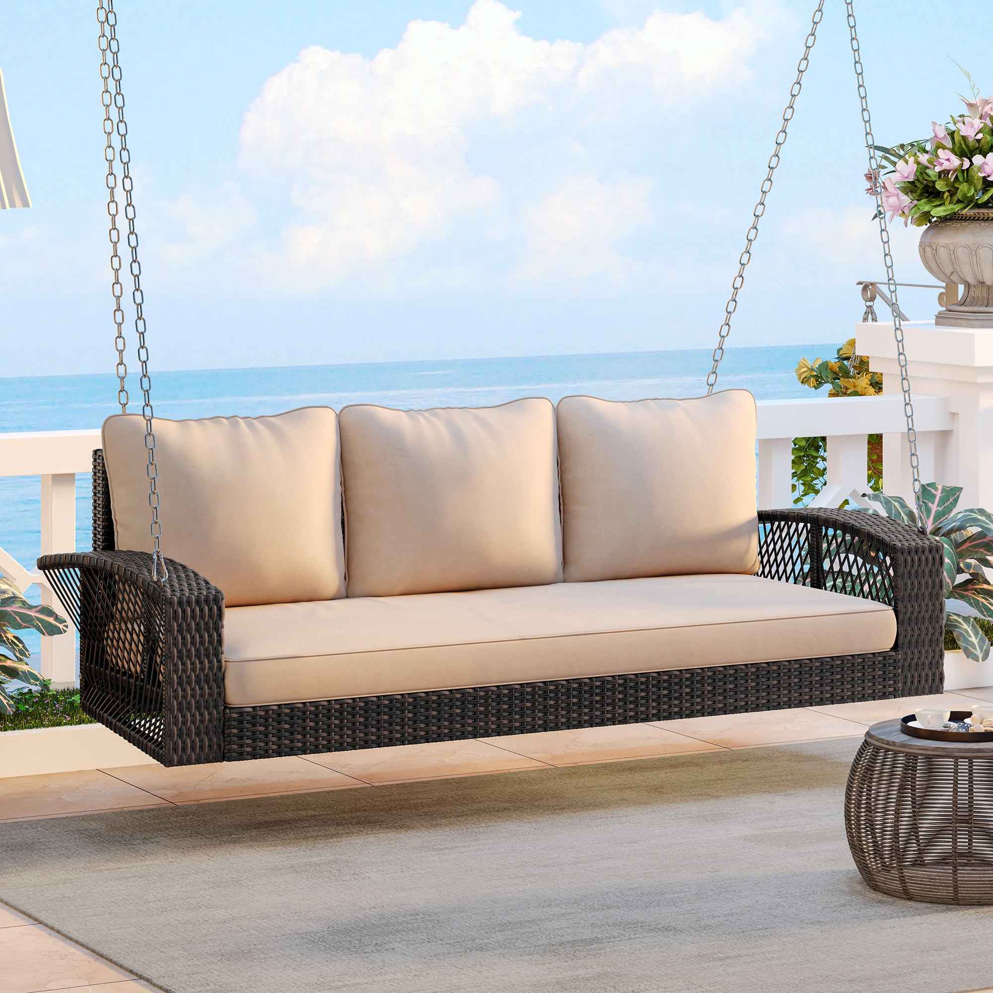 GO 69' PE Wicker 3-Person Porch Swing with Chains, Large Patio Swing Bench with Cushions for Backyard, Garden, and Poolside, Brown