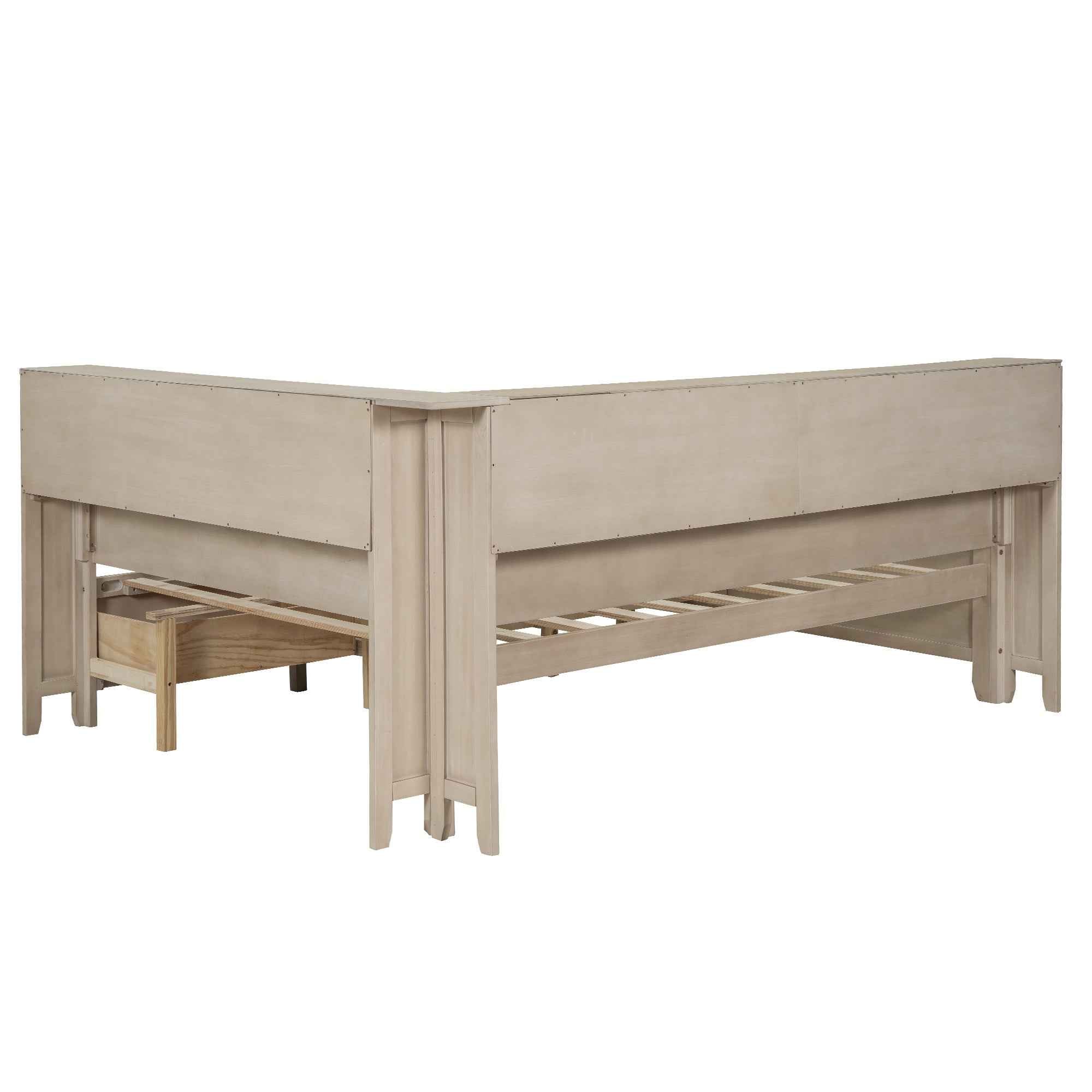 Full Size Wood Daybed with Storage Shelves and 3 Drawers in Antique White Milk Finish, Solid Pine Wood+MDF