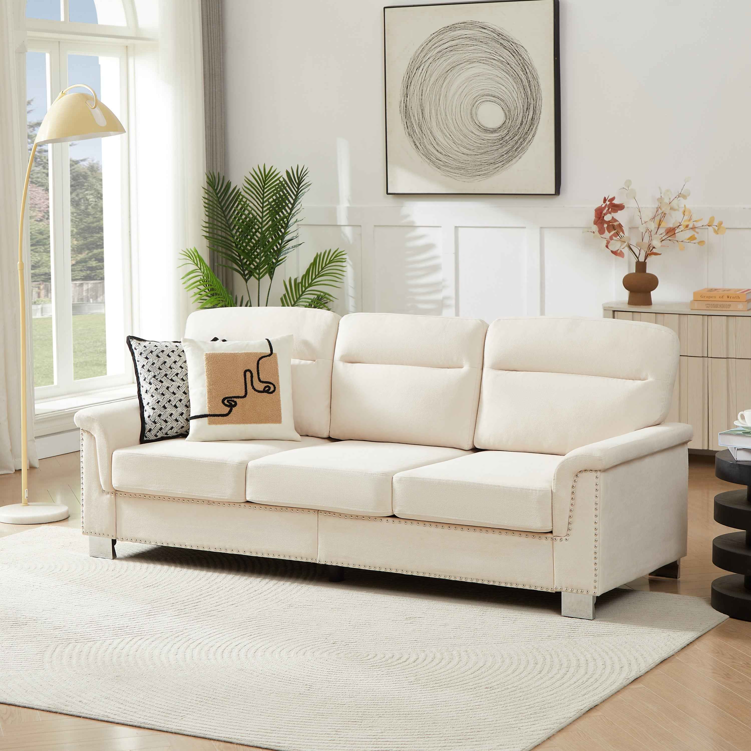 Modern Compressed Snowfleece Fabric 3-Seater Sofa in Beige, High-Density Foam Cushion with Solid Wood and Iron Frame, Ideal for Living Room, Bedroom, Office & Entertainment Spaces