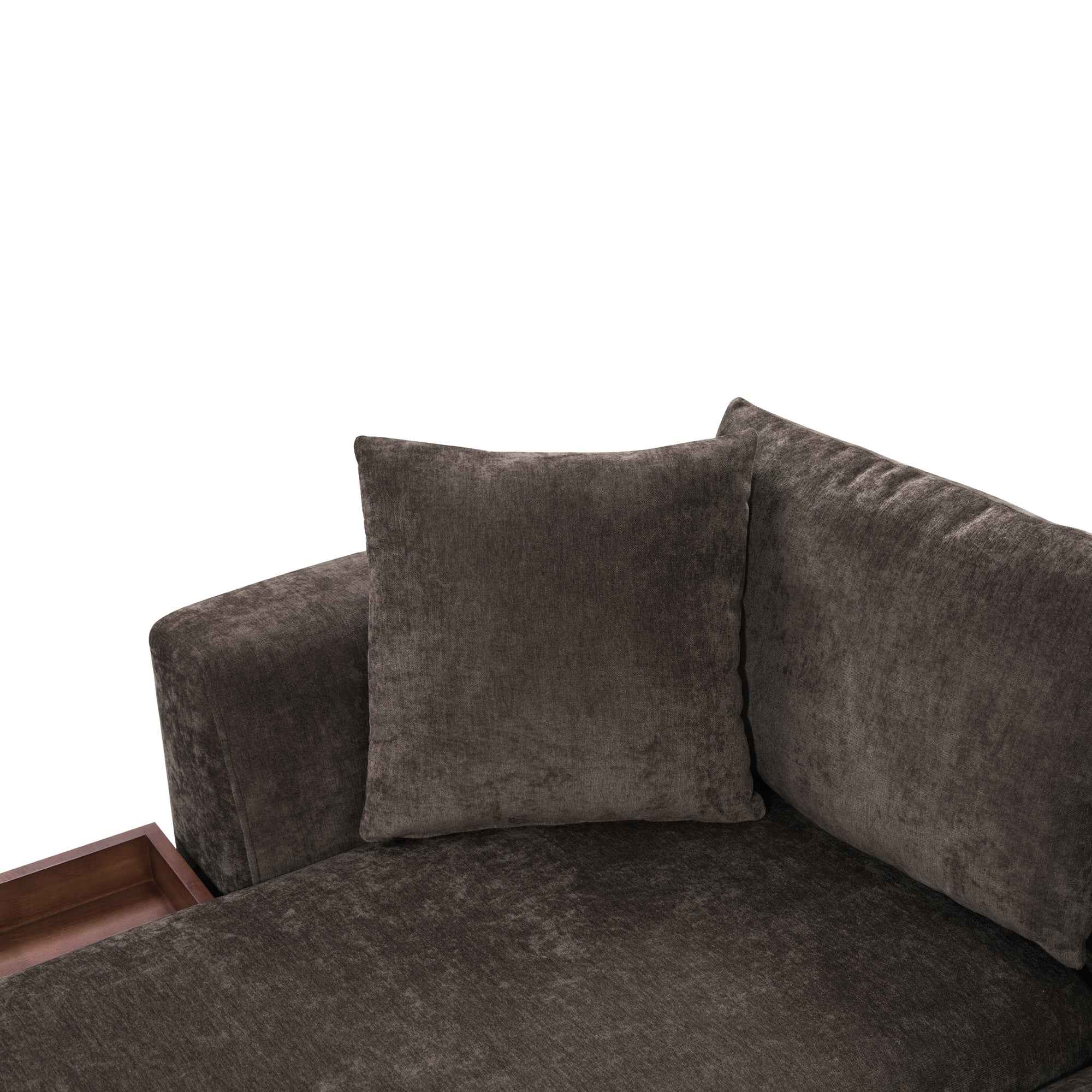 Elegant L-Shaped Sectional Sofa with Chenille Upholstery and Wooden Storage Compartment, Brown