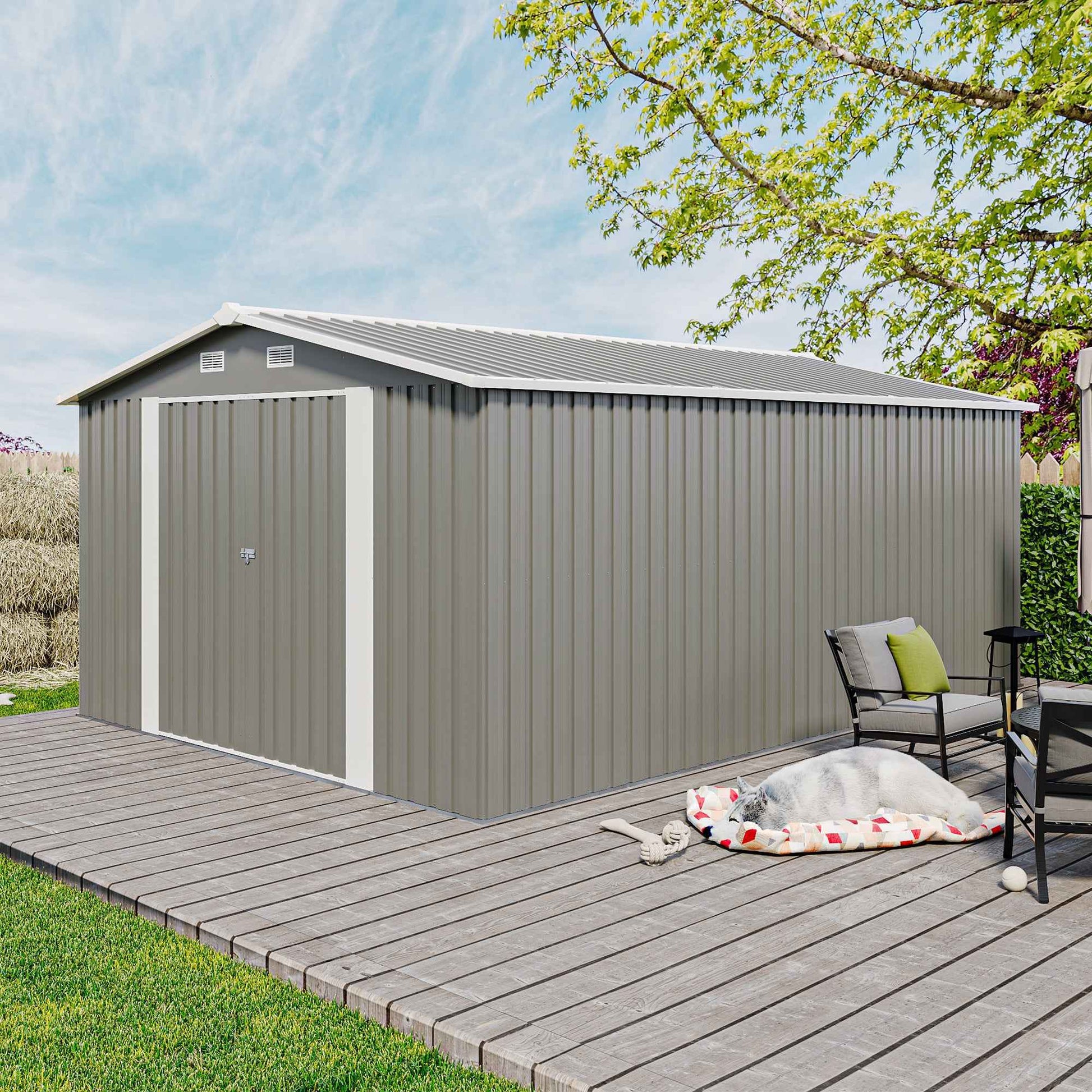 Campcraft  Outdoor Storage Shed 10×14 FT with 3 Lockable Doors,4 Air Vents & Sloped Roof,Utility Tool Shed Metal Storage Garden Sheds  Frame and 4 Vents,for Backyard,Patio,Lawn,Light Grey