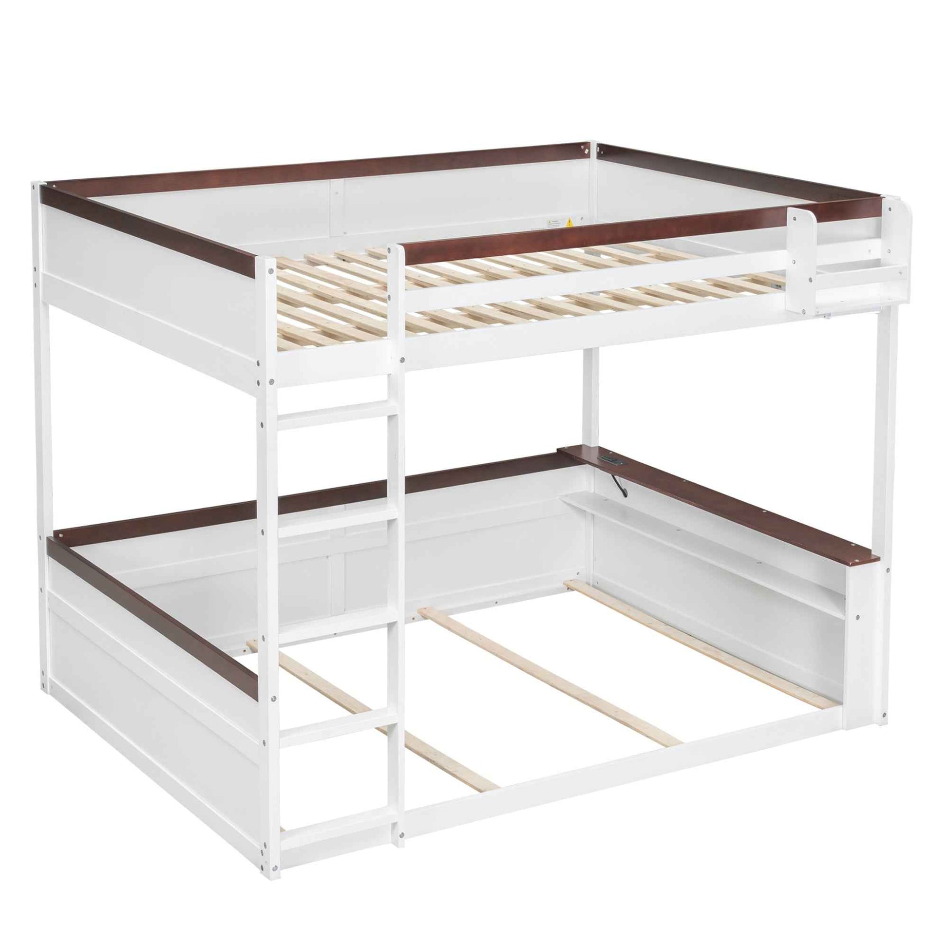 White Queen Size Wooden Bunk Bed with Built-in Shelves, Storage Box, LED Light, and USB Charging Station - Pine Wood + MDF