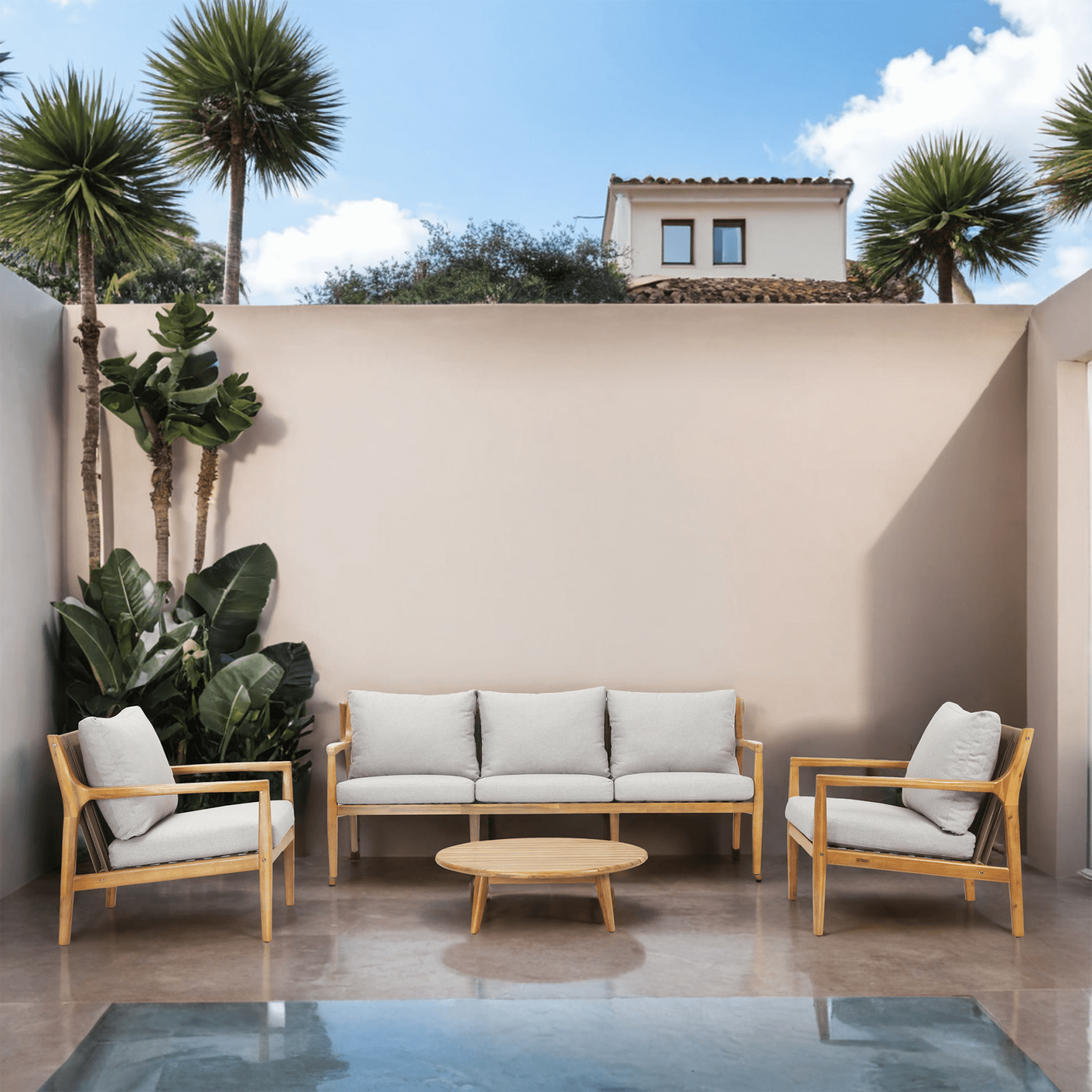 Teak-Color 5-Person Outdoor Sofa Set with Cushions (PAS-2513-3SC+SC*2+TA) - Abrihome