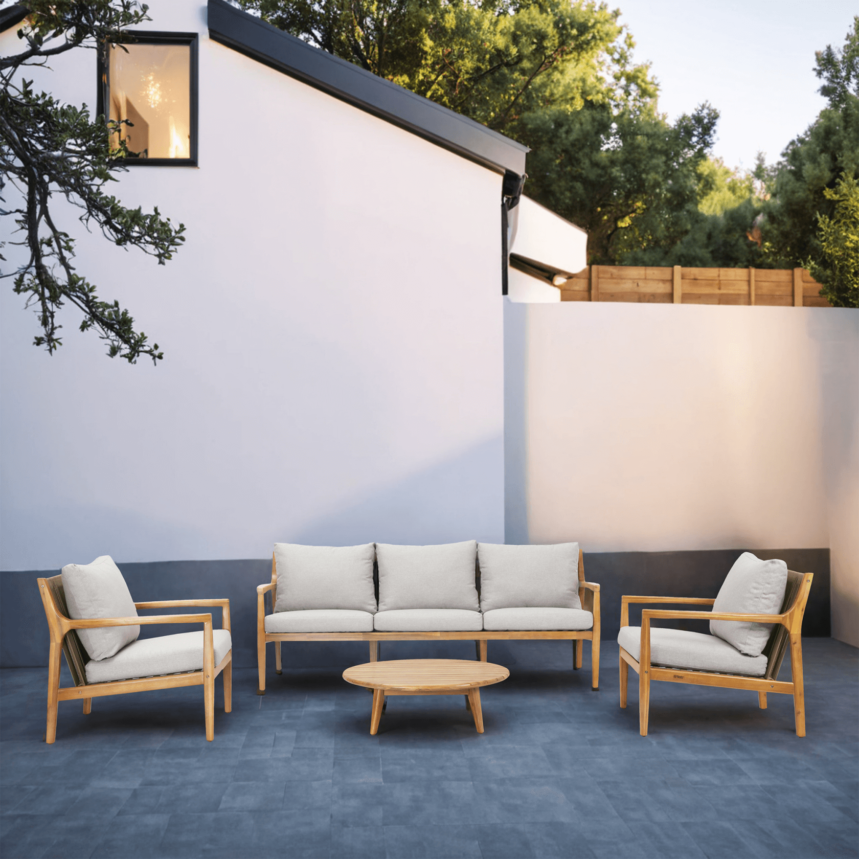 Teak-Color 5-Person Outdoor Sofa Set with Cushions (PAS-2513-3SC+SC*2+TA) - Abrihome