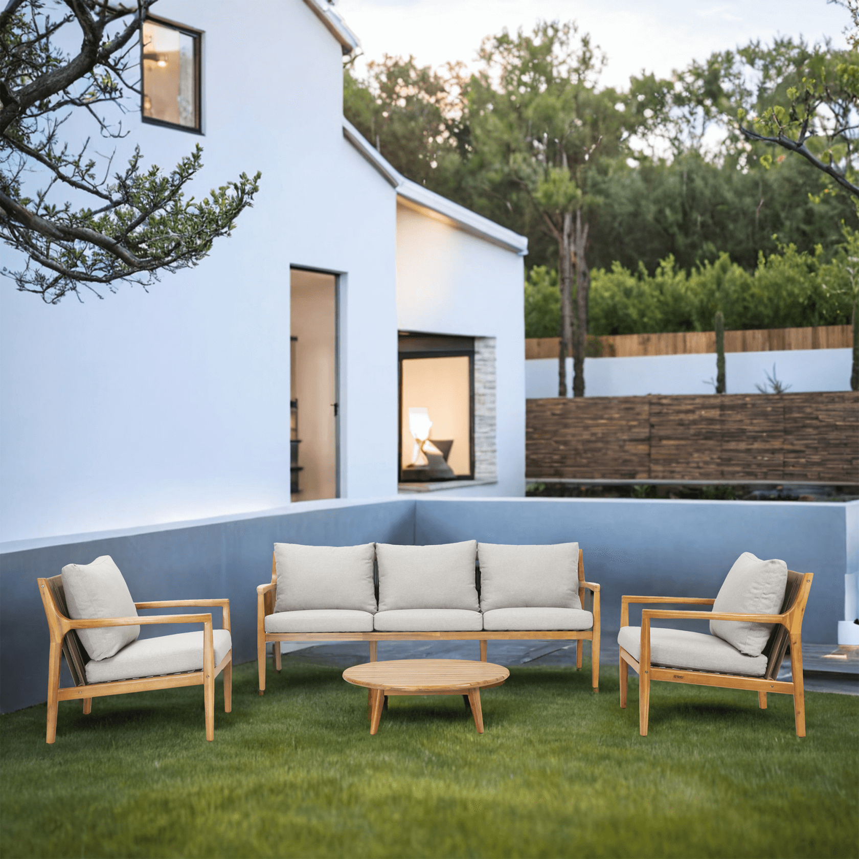 Teak-Color 5-Person Outdoor Sofa Set with Cushions (PAS-2513-3SC+SC*2+TA) - Abrihome