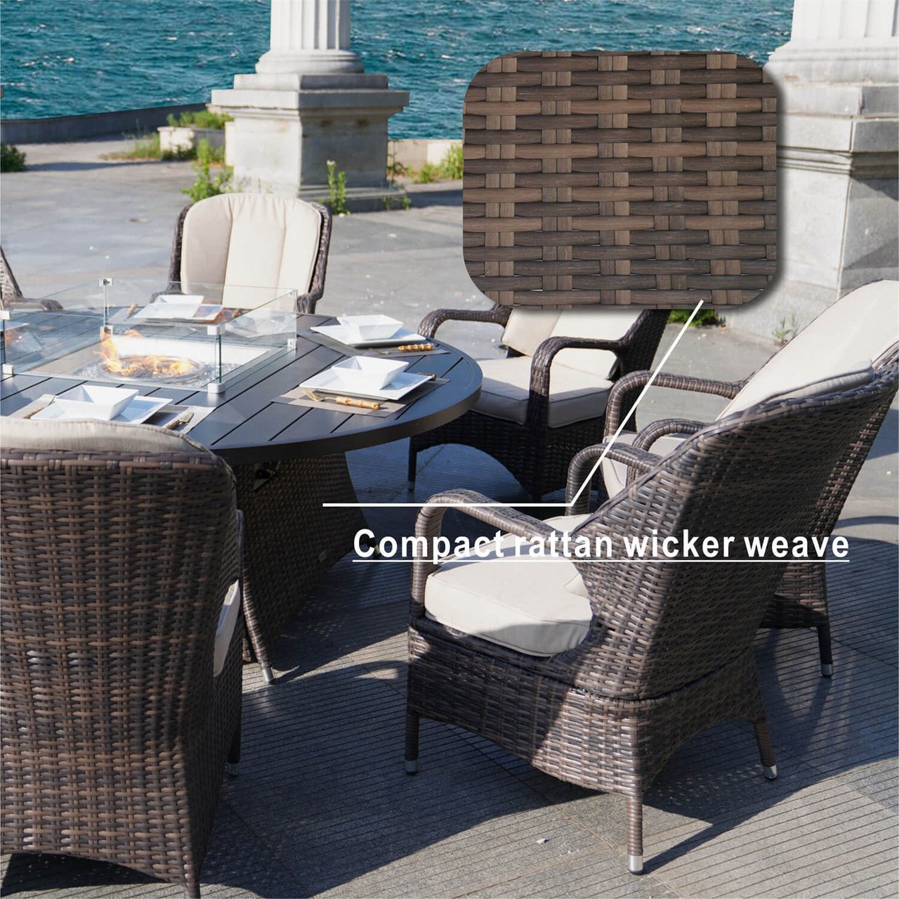 8 - Seat Round Fire Pit Table with Aluminum Top (PAG - 1108A - T) - Direct Wicker