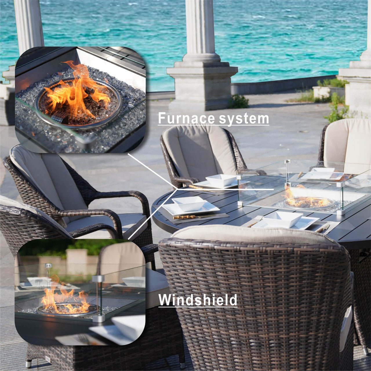 8 - Seat Round Fire Pit Table with Aluminum Top (PAG - 1108A - T) - Direct Wicker