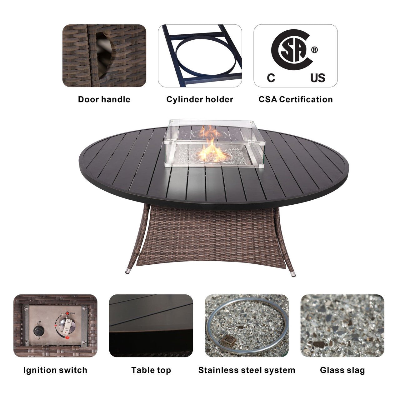 8 - Seat Round Fire Pit Table with Aluminum Top (PAG - 1108A - T) - Direct Wicker