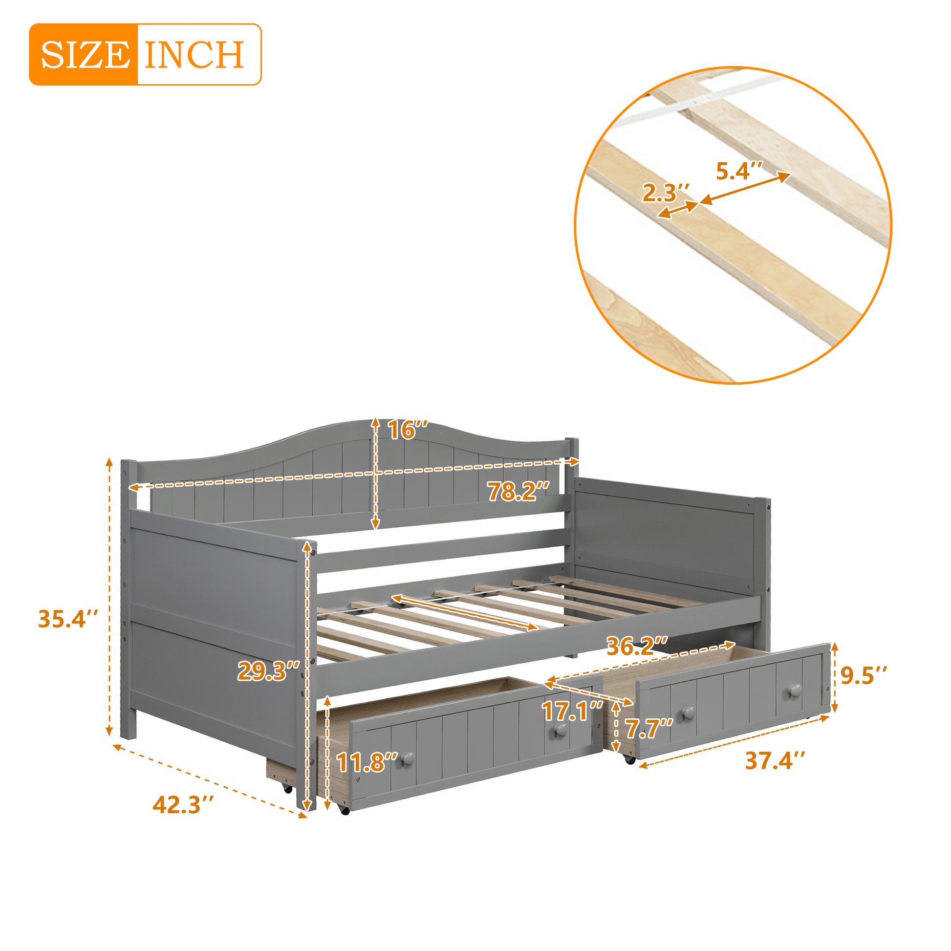 Twin Wooden Daybed with 2 drawers, Sofa Bed for Bedroom Living Room,No Box Spring Needed,Gray - Abrihome