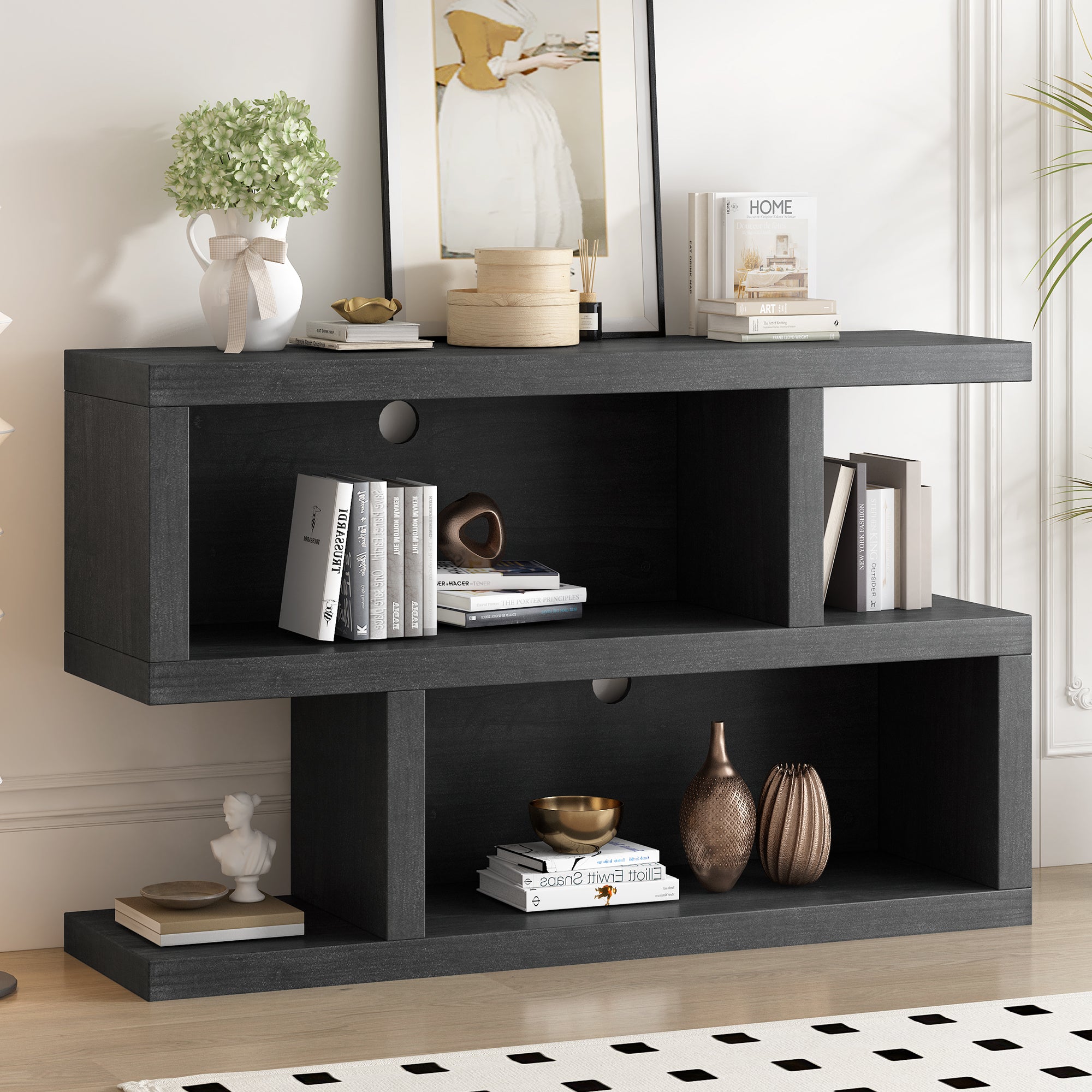 TREXM Retro Console Table with Symmetrical 2-Tier Open Shelf for Entryway and Living Room (Black)