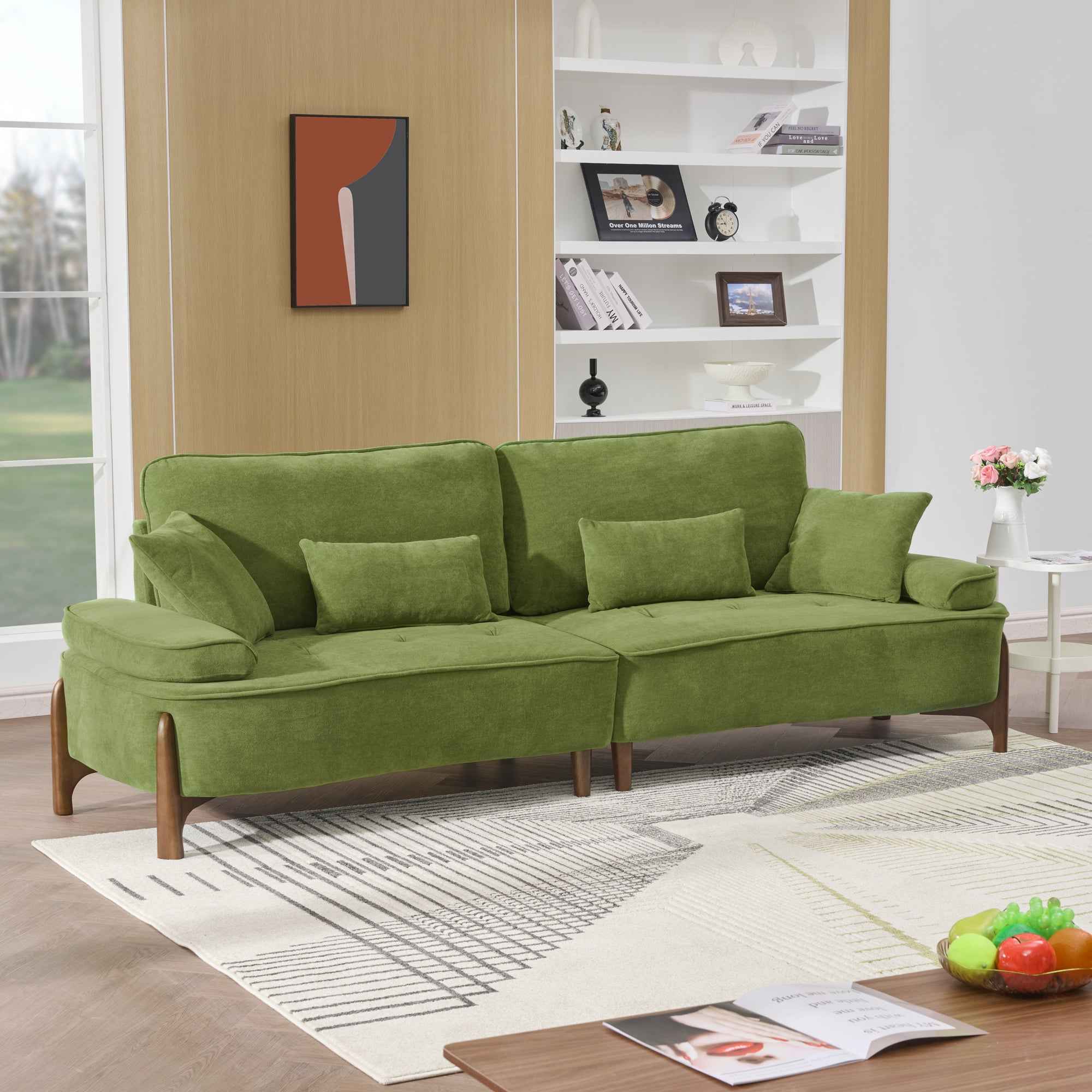 Cloud Velvet Deep Seated Sofa with Pillows, Green, Foam, 103 Inch