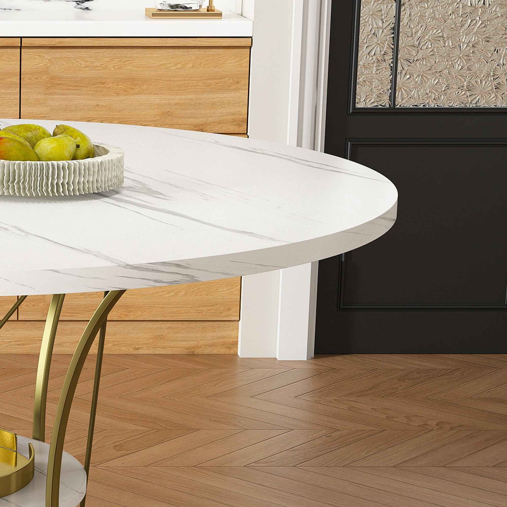 43 inch Round Extendable Dining Table for 4-6, Farmhouse Kitchen Table with Storage Shelf & Gold Metal Base, Marble Veneer Table from 43 to 59 inch, Large Round Table for Home (No Chairs)