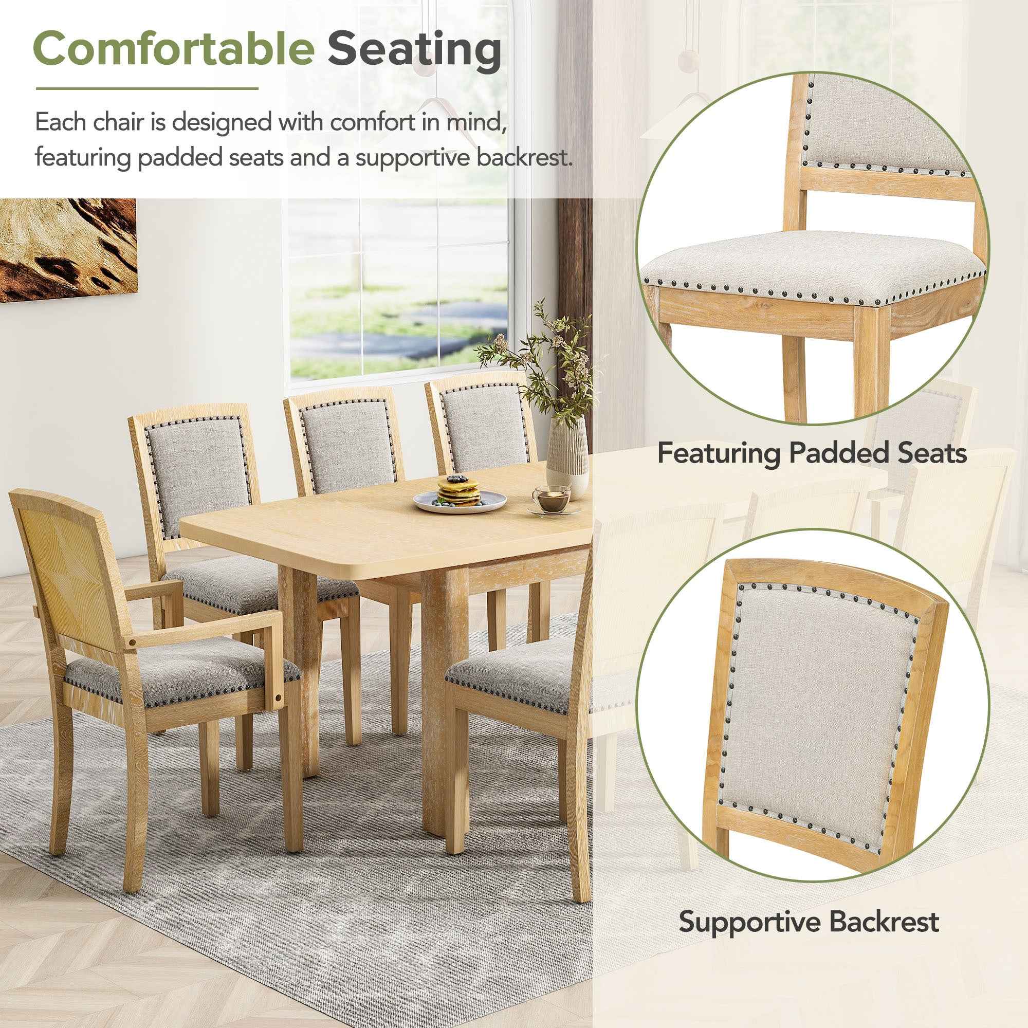 TOPMAX Rustic Extendable Dining Table Set with Removable Leaf, 6 Upholstered Armless Dining Chairs and 2 Padded Arm Chairs, Natural