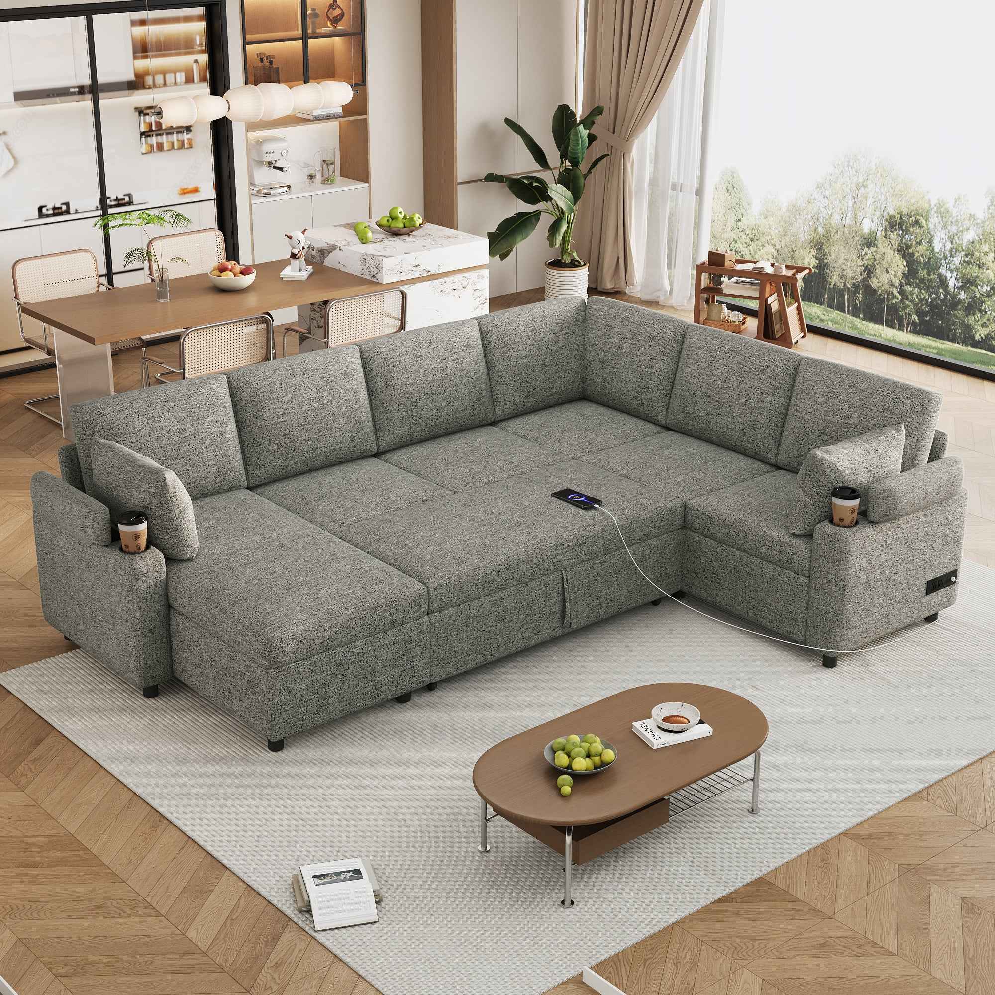 Versatile Light Grey Chenille Sectional Sofa Bed with Storage, Cup Holders & Charging Ports, 109.9'