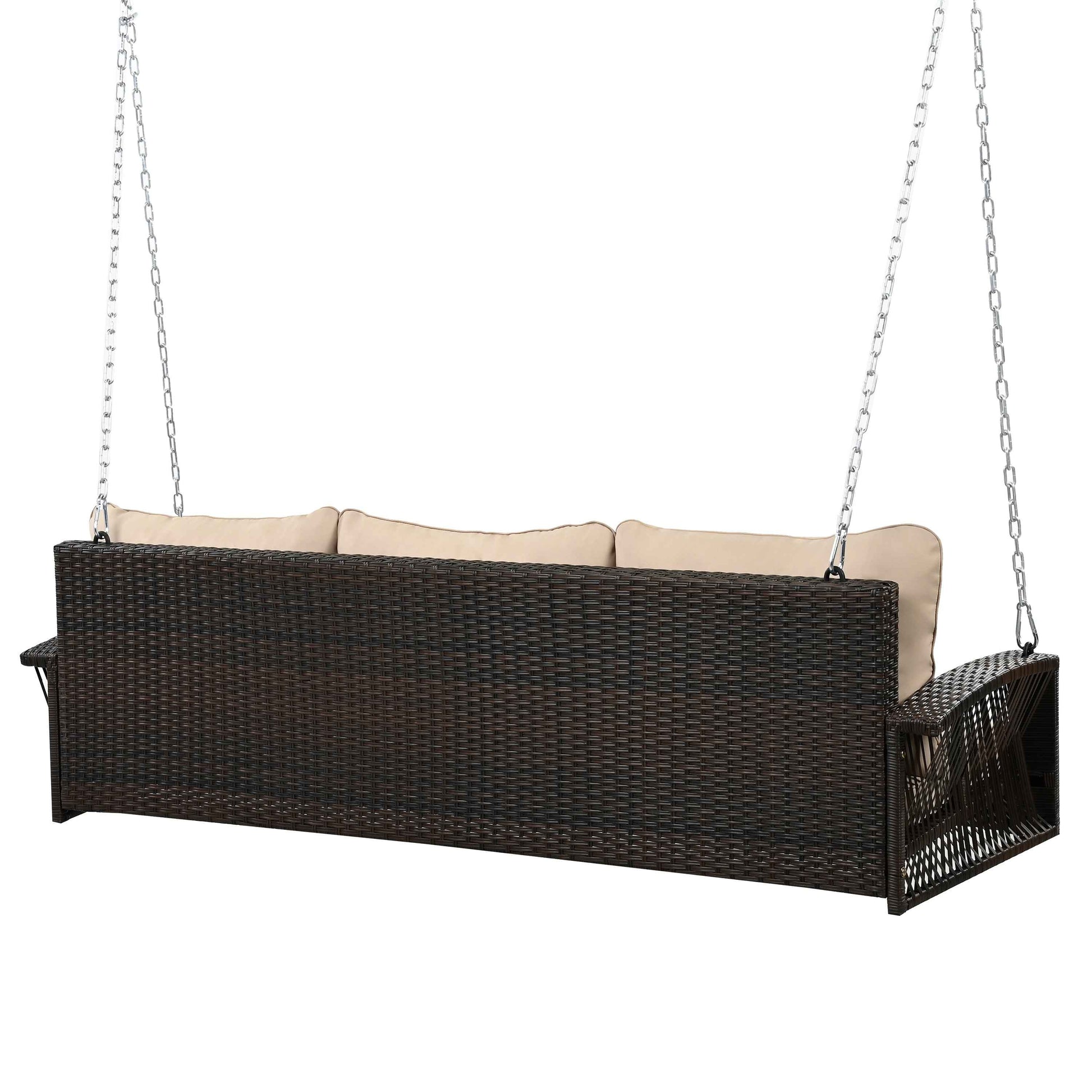 GO 69' PE Wicker 3-Person Porch Swing with Chains, Large Patio Swing Bench with Cushions for Backyard, Garden, and Poolside, Brown