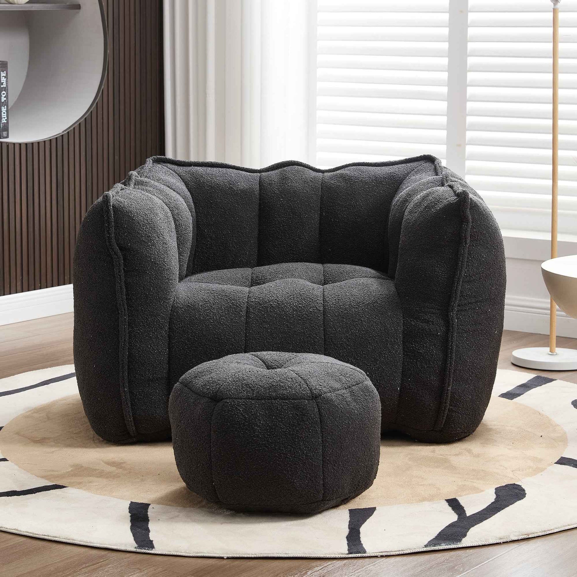 Soft Chenille Bean Bag Chair with High Resilient Foam for Living Room and Bedroom, Comfortable Square Lazy Sofa with Footstool for Adults