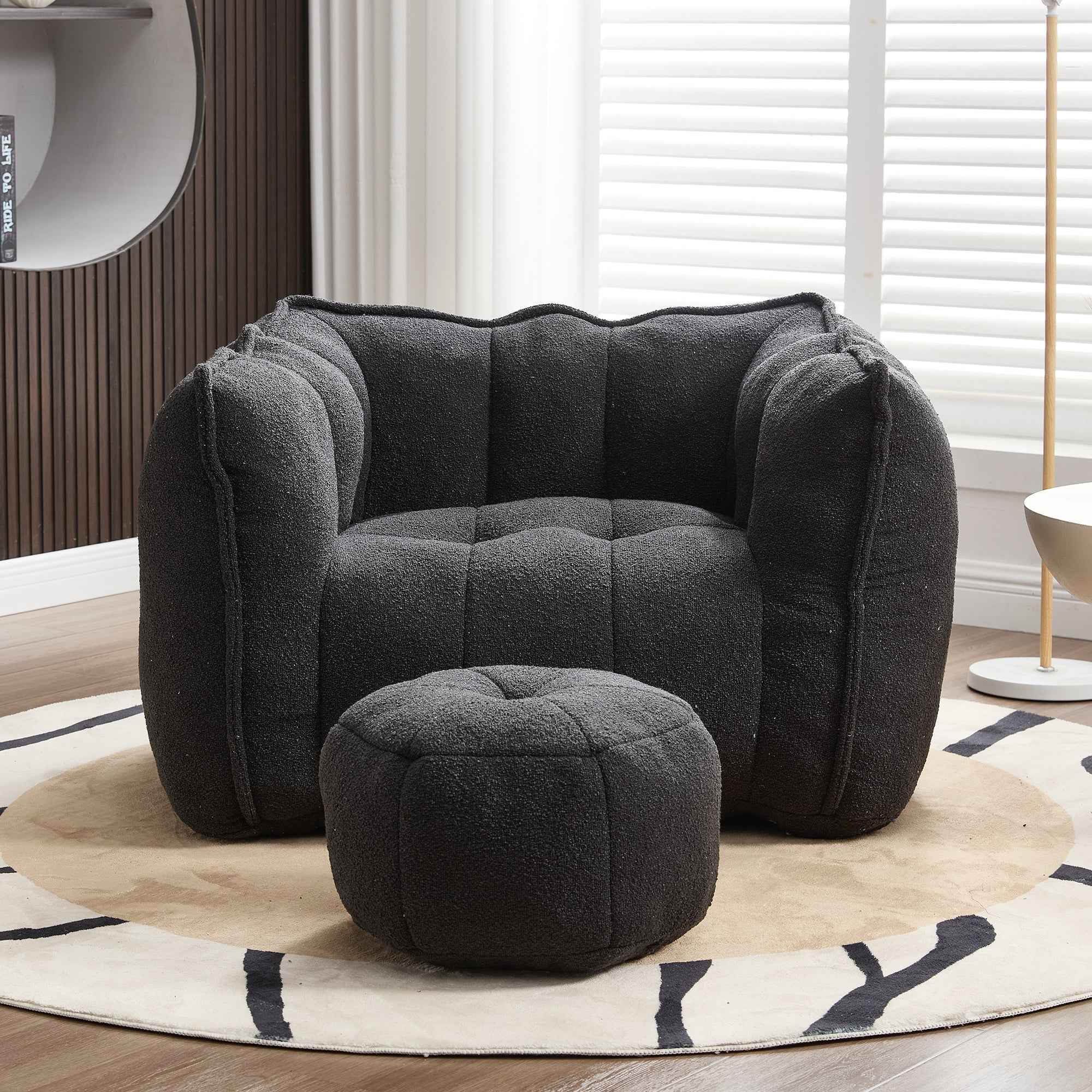 Soft Chenille Bean Bag Chair with High Resilient Foam for Living Room and Bedroom, Comfortable Square Lazy Sofa with Footstool for Adults
