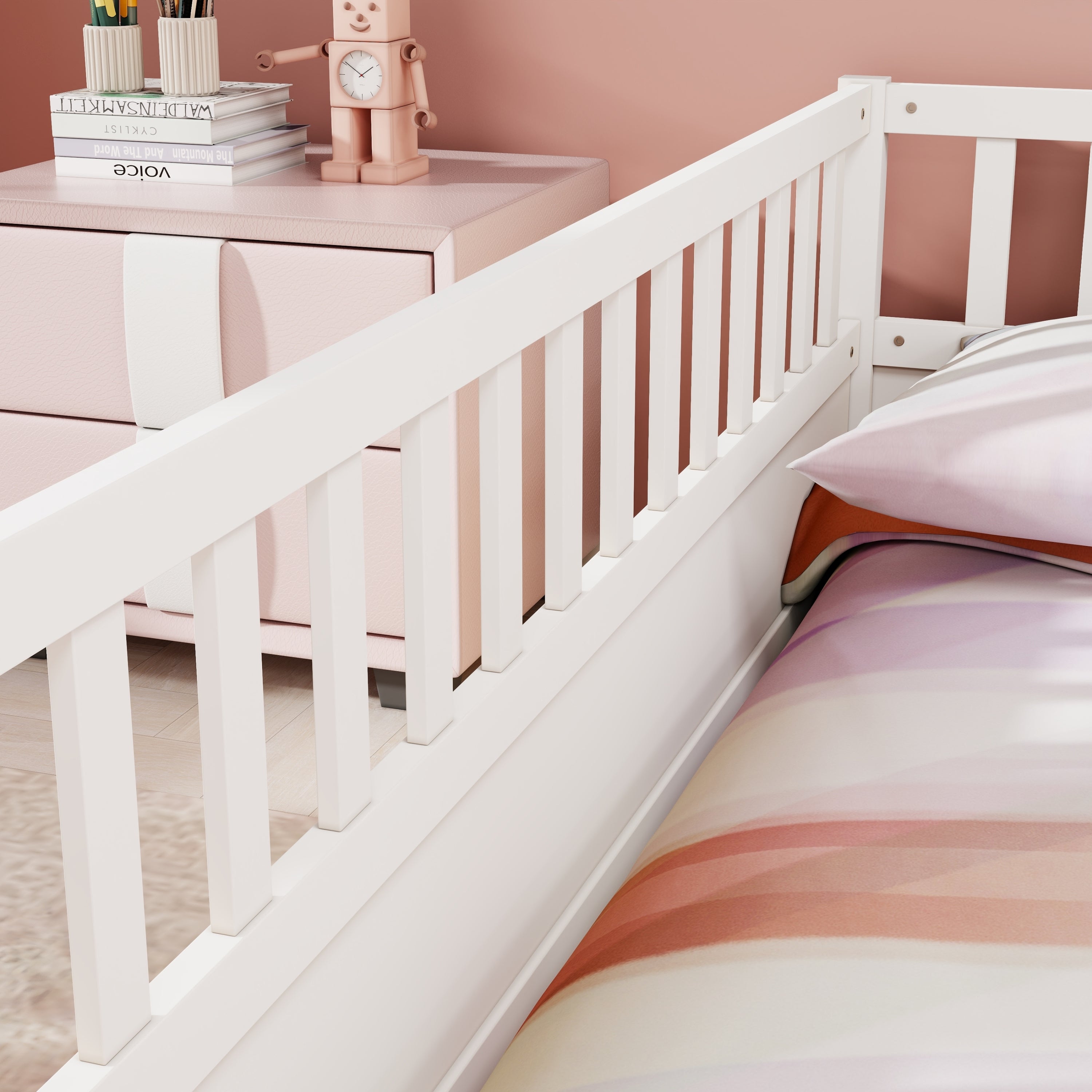 Full size  Floor bed, integral construction with super high security barrier, door, children's floor bed frame, Montessori wooden children's floor bed, white