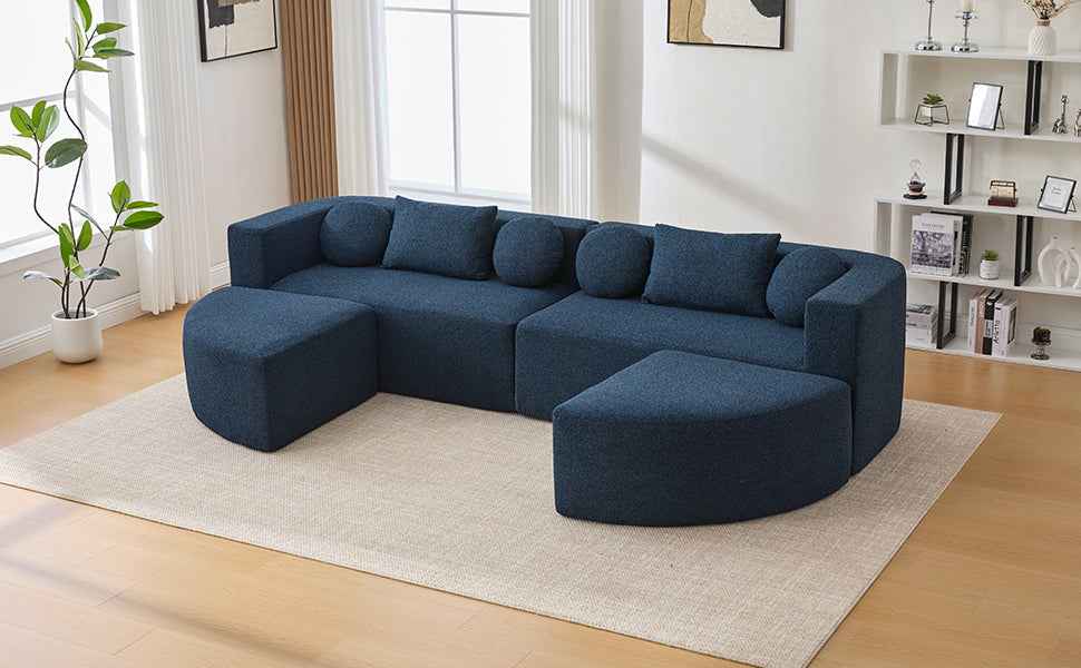 Boneless Couch Modular Sectional Sofa with Deep Seating and Curved Design in Blue Boucle, 114.9 Inches