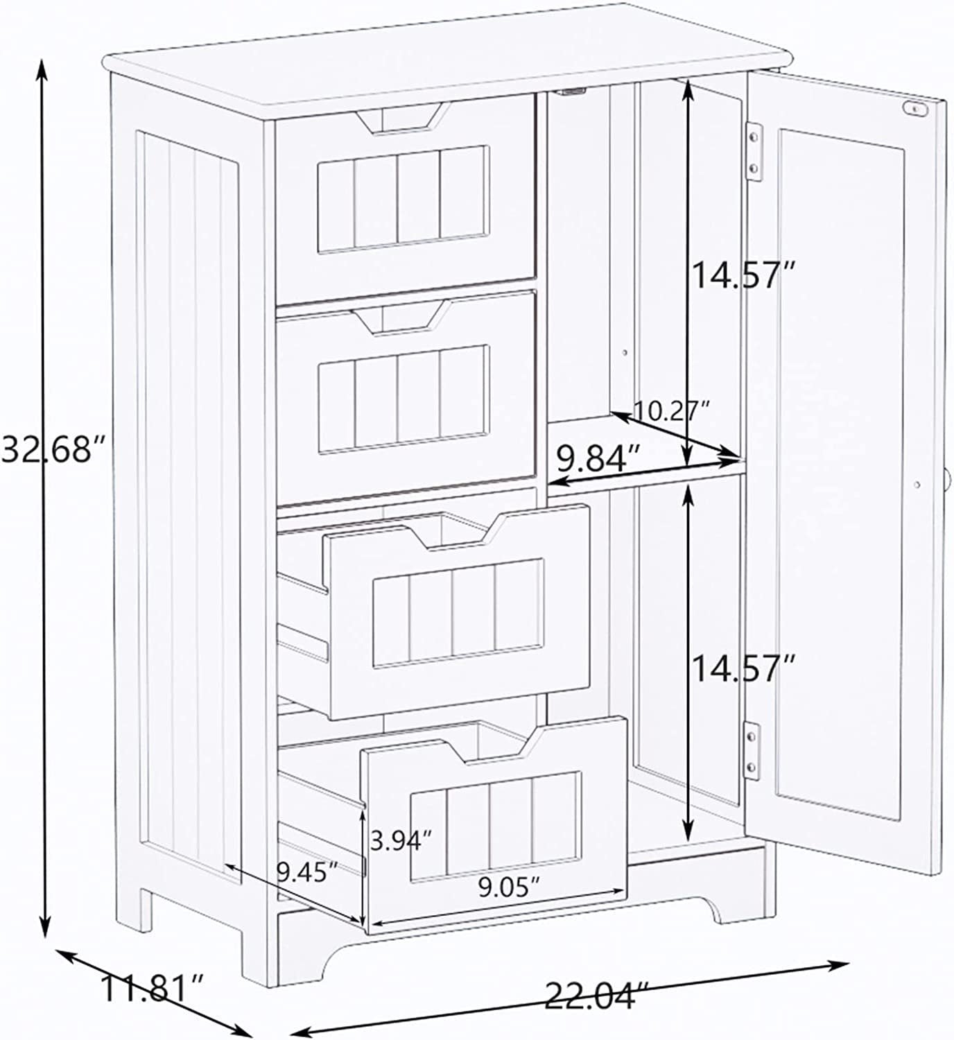 White freestanding floor storage cabinet with adjustable shelves, 4 drawers and 1 door