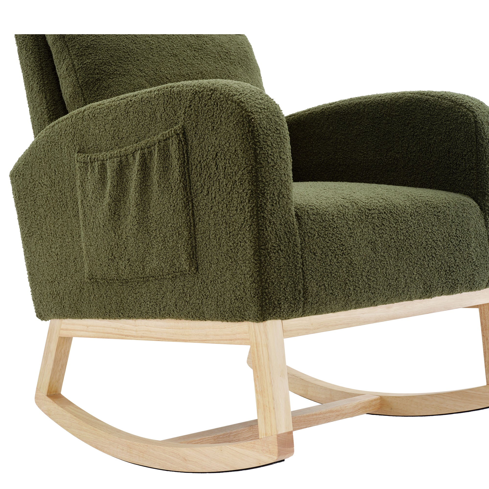 Modern Accent Rocking Chair Rocking Chair with Solid Wood Legs, Upholstered Nursery Glider Rocker, Comfy Armchair with Side Pocket, Living Room Lounge Arm Chair with High Backrest (Dark green,teddy)