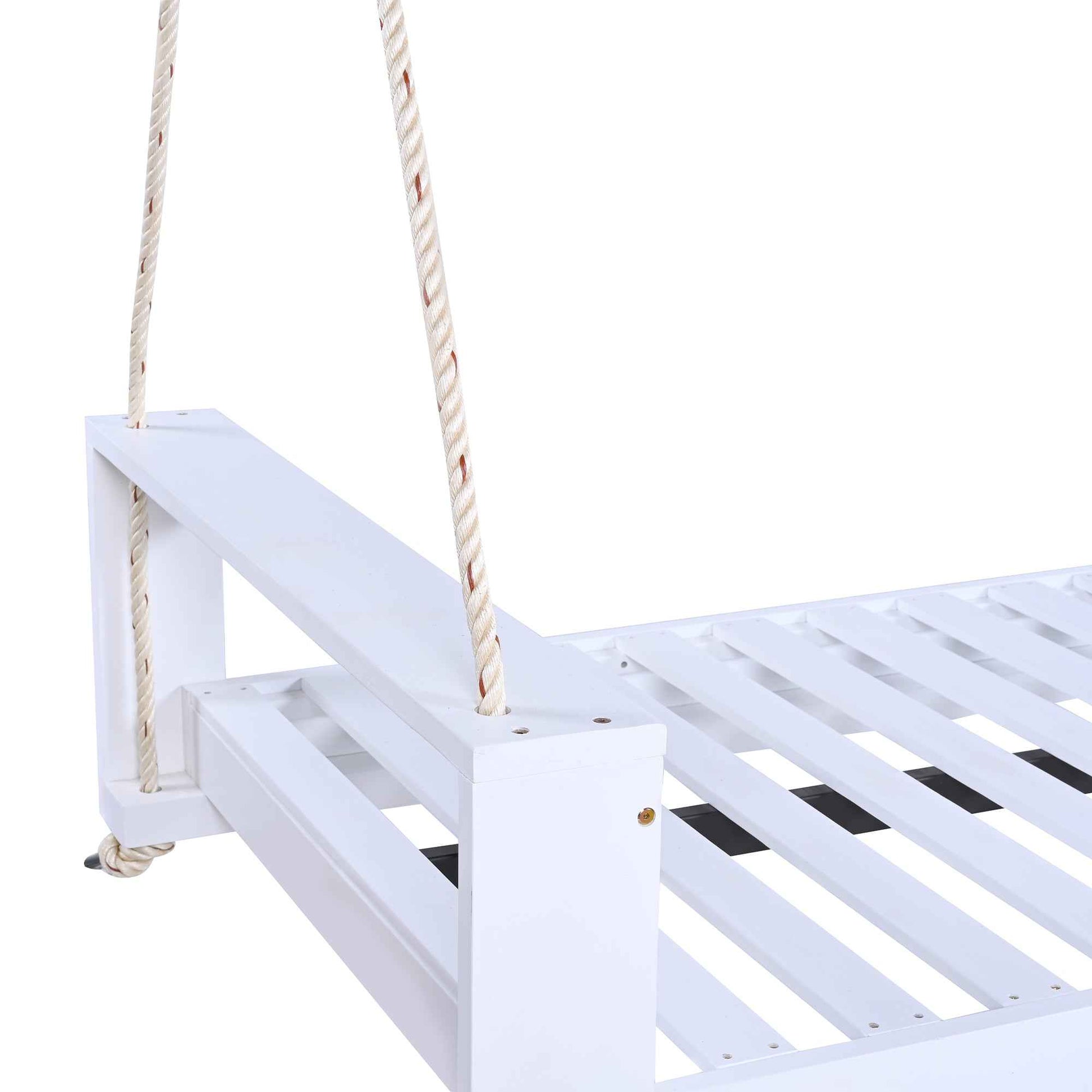 TOPMAX Twin Size Porch Swing Bed Seating Group, Patio Acacia Wood Swing Frame with Hemp Ropes for Garden, Backyard, White