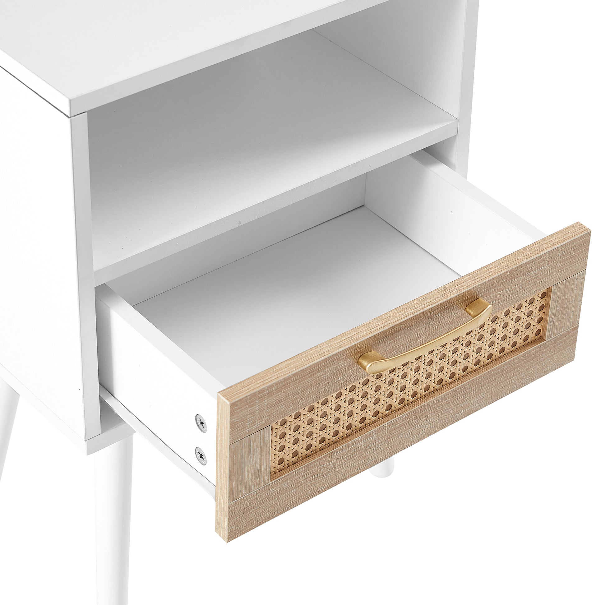 15.75" Rattan End table with Power Outlet  & USB Ports , Modern nightstand with drawer and solid wood legs, side table for living room, bedroom, white - Abrihome