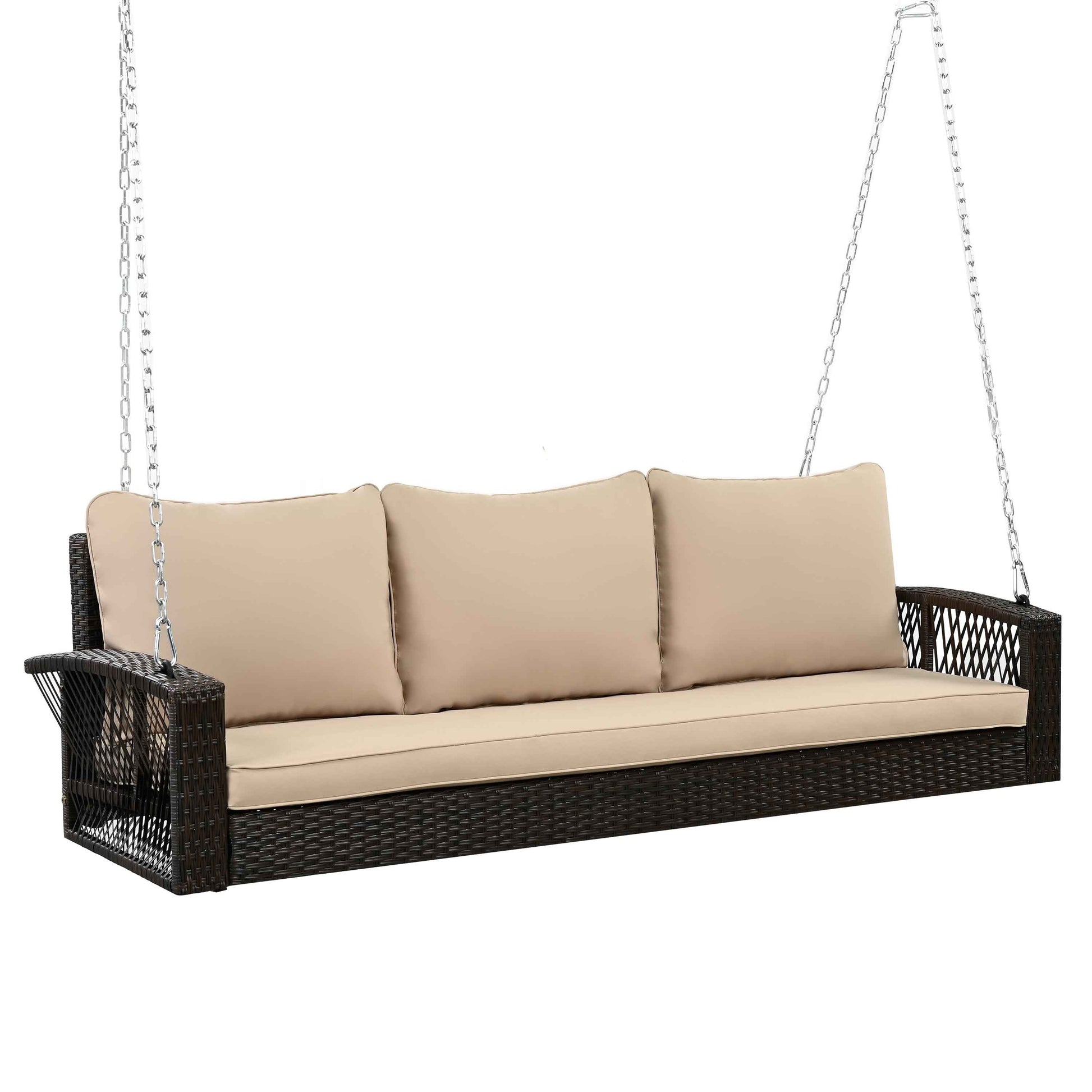 GO 69' PE Wicker 3-Person Porch Swing with Chains, Large Patio Swing Bench with Cushions for Backyard, Garden, and Poolside, Brown