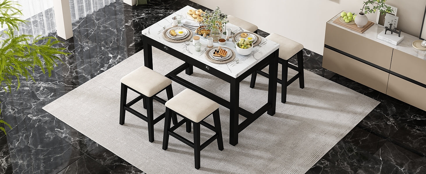 TREXM 3-Piece Modern Faux Marble Versatile Bar Table Set with Storage Drawers and Padded Stools, Ideal for Space-Saving Dining Nooks or Small Kitchens (Black)