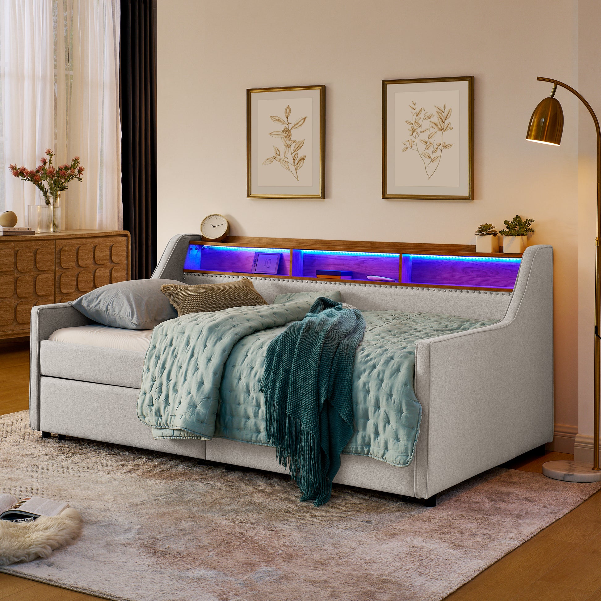 Twin Size Upholstery Sofa Bed with Three LED lights, with Storage Adjustable Headboard, with Two Storage Pull Up drawers and Wireless Charging, Linen Padded Sofa Bed frame, Beige - Abrihome