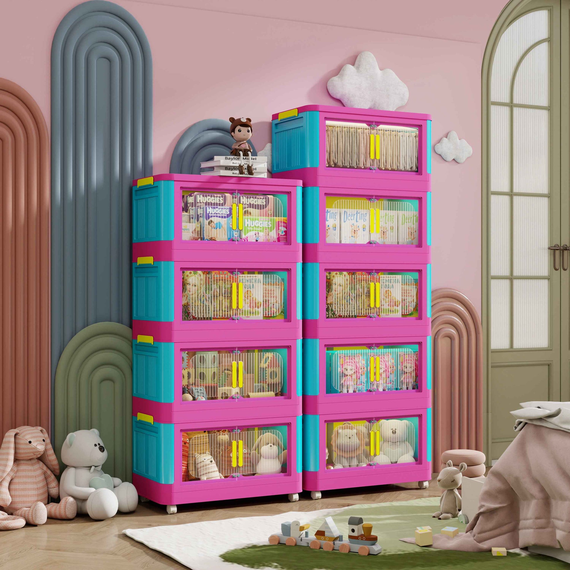 Happy Color, 20' Side Wide Folding Storage Cabinet ,4 Tiers,19.69'×11.81'×40.55',Collapsible Storage Bins with Magnetic Door, Plastic Storage Cabinet with Wheels