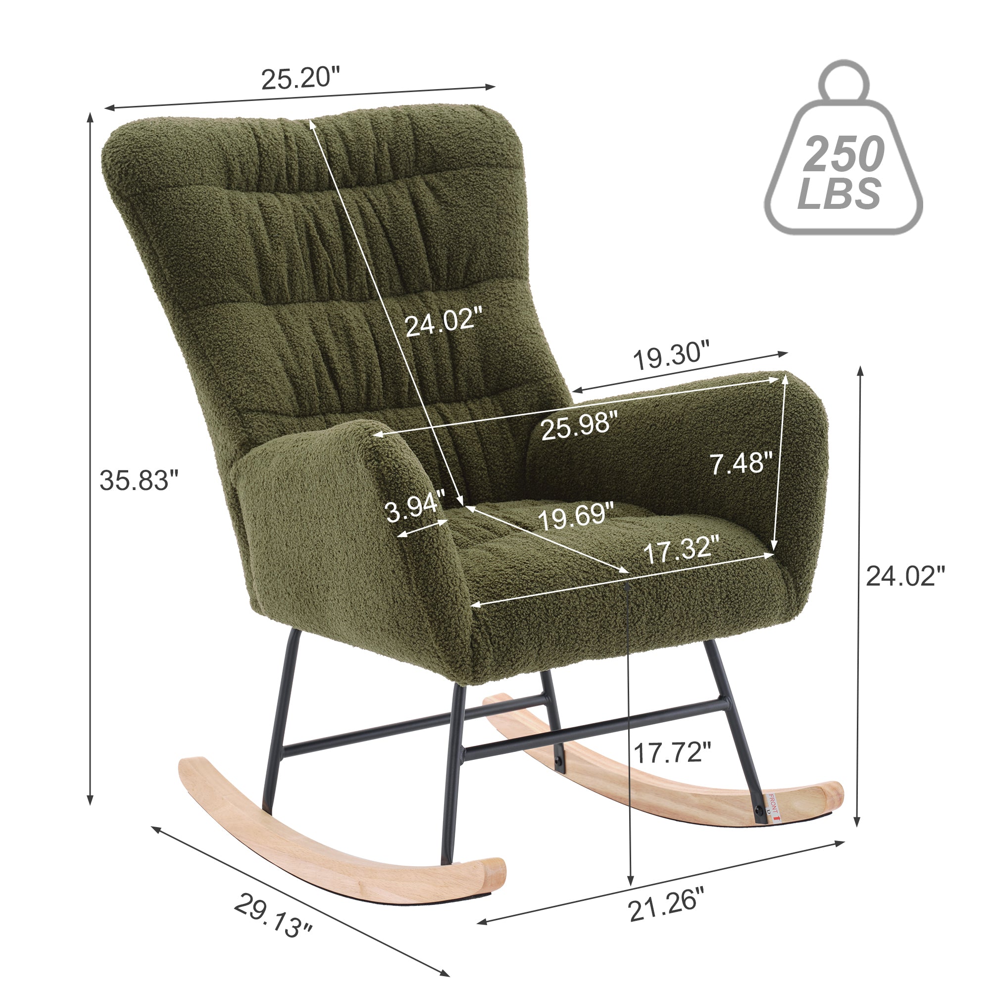 Nursery Rocking Chair, Teddy Upholstered Glider Rocker, Rocking Accent Chair with High Backrest, Comfy Rocking Accent Armchair for Living Room, Bedroom, Offices, DARK GREEN